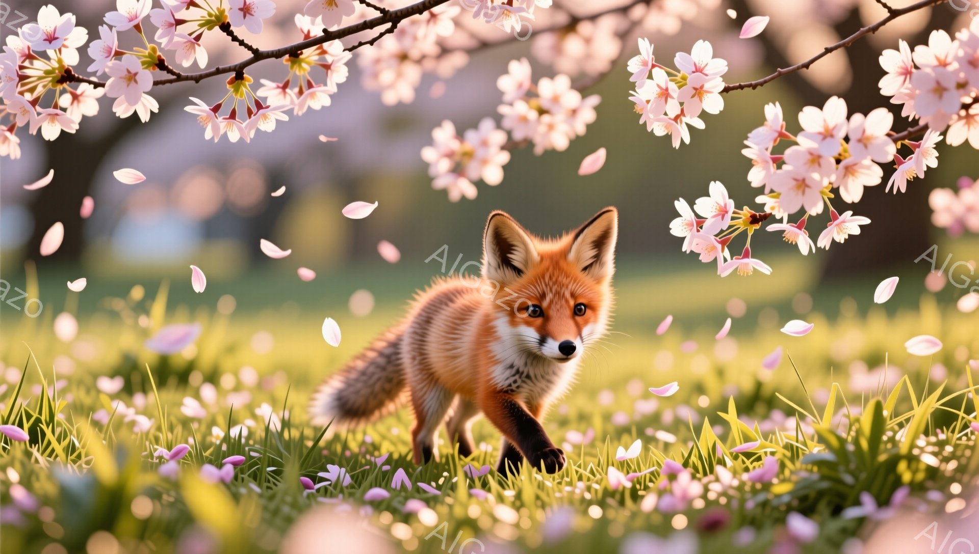 鮮やかな緑の草原で、小さな狐が桜の花びらが舞う中で歩いている。太陽の光が柔らかく差し込み、暖かく幻想的な雰囲気を醸し出している。狐の毛並みは赤茶色で、表情は好奇心と警戒心に満ちている。
