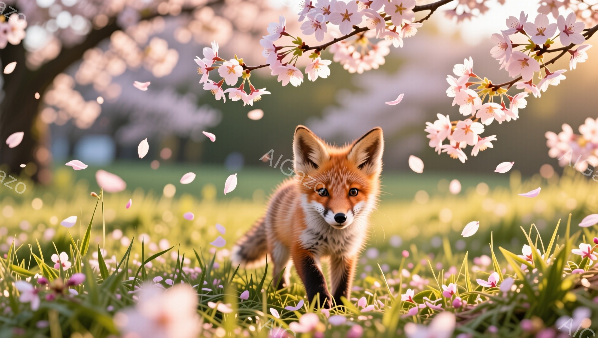 鮮やかな春の草原を、小さなキツネが正面を見て歩いている。桜の花びらが舞い散り、背景には桜の木がぼんやりと見える。暖かく穏やかな雰囲気で、春の訪れを感じさせる。
