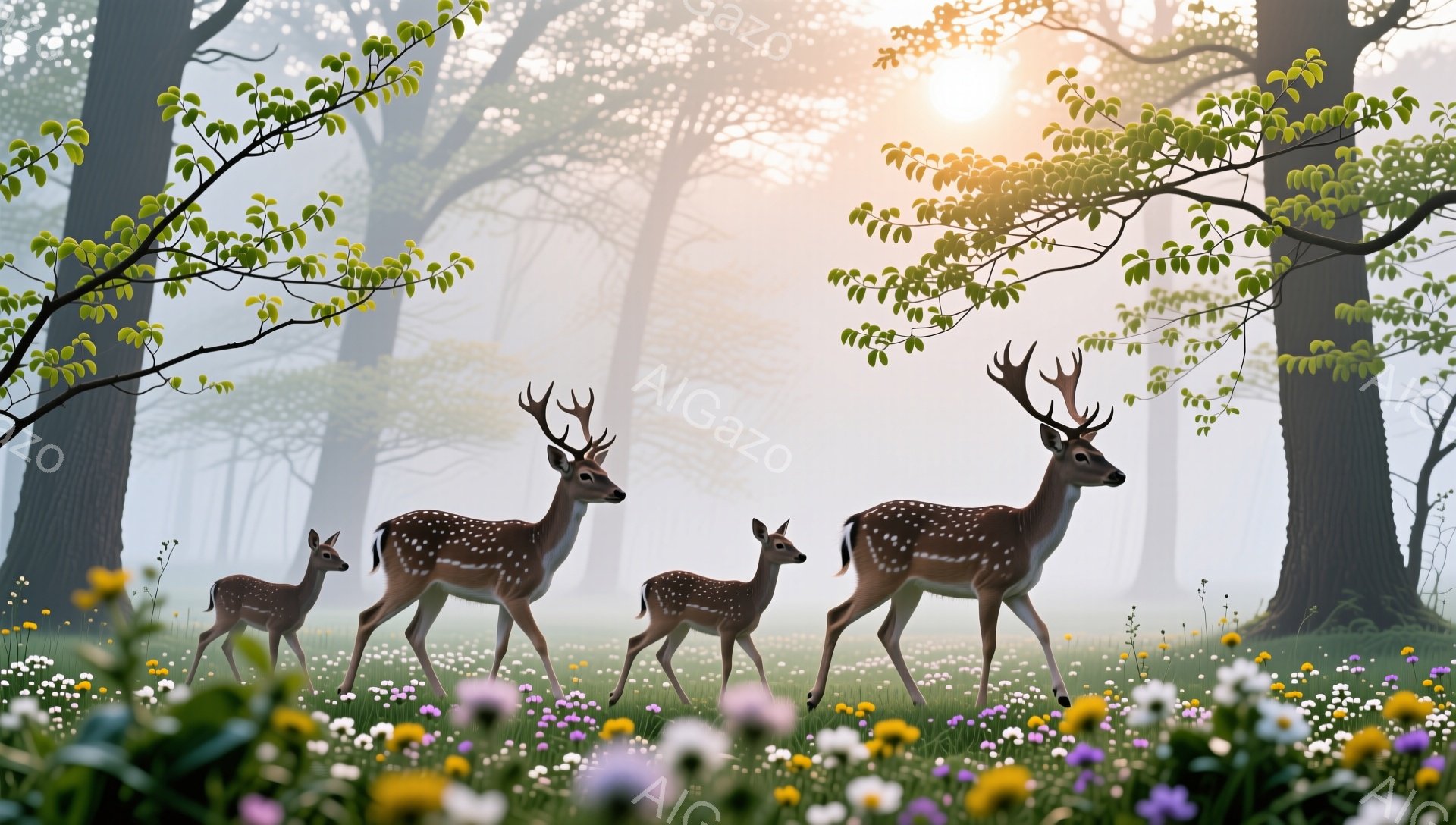 緑豊かな森の中で、親子鹿が花畑を歩いています。朝日が差し込み、霧が立ち込める幻想的な光景が広がっています。鹿たちは穏やかで平和な様子で、自然の中で静かに過ごしています。