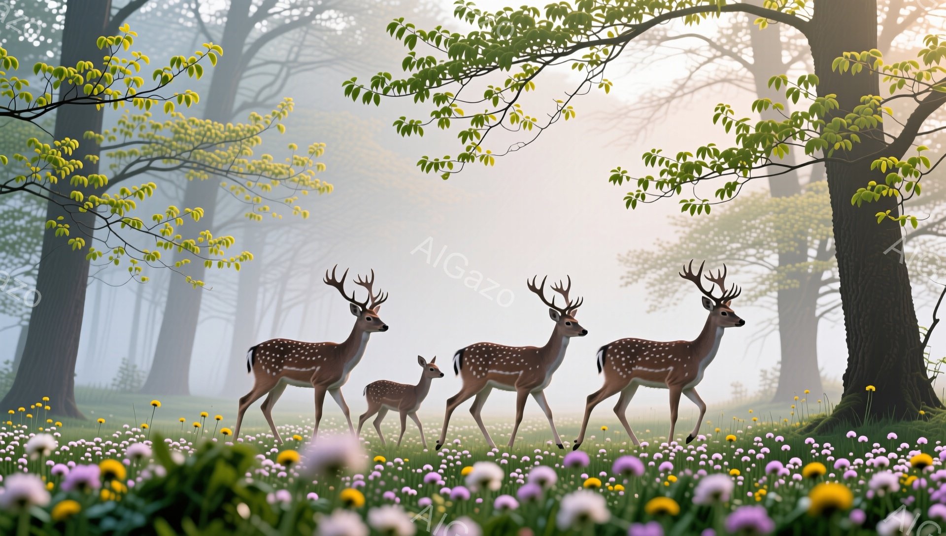 緑豊かな森の中で、母鹿と子鹿のペアが佇んでいます。朝日が木々の間から差し込み、幻想的な雰囲気を醸し出しています。周囲には色とりどりの花が咲き乱れ、穏やかな春の訪れを感じさせます。