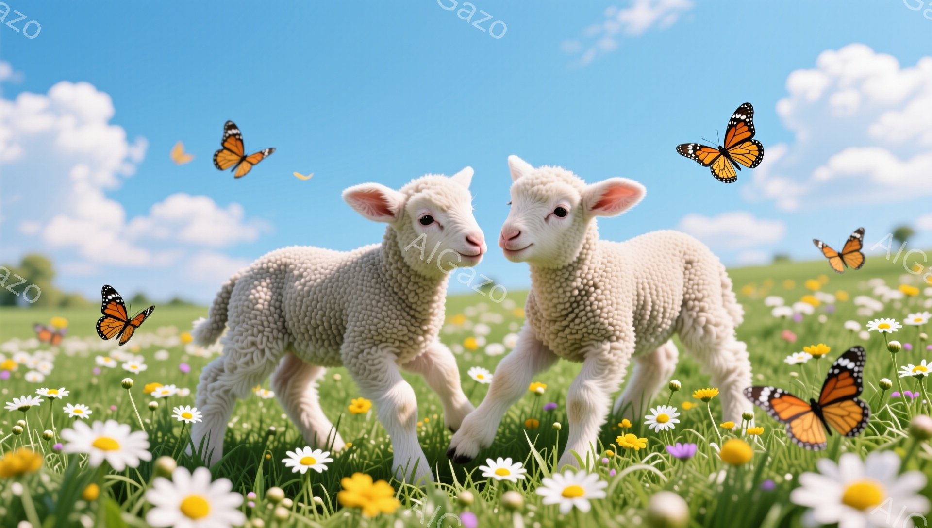 鮮やかな緑の草原に、2匹の子羊が寄り添って立っています。 周囲には黄色や白の小さな花が咲き乱れ、空にはオレンジ色の蝶が舞っています。 温かい日差しと花々が、穏やかで幸せな雰囲気を醸し出しています。 - AI生成フリー素材
