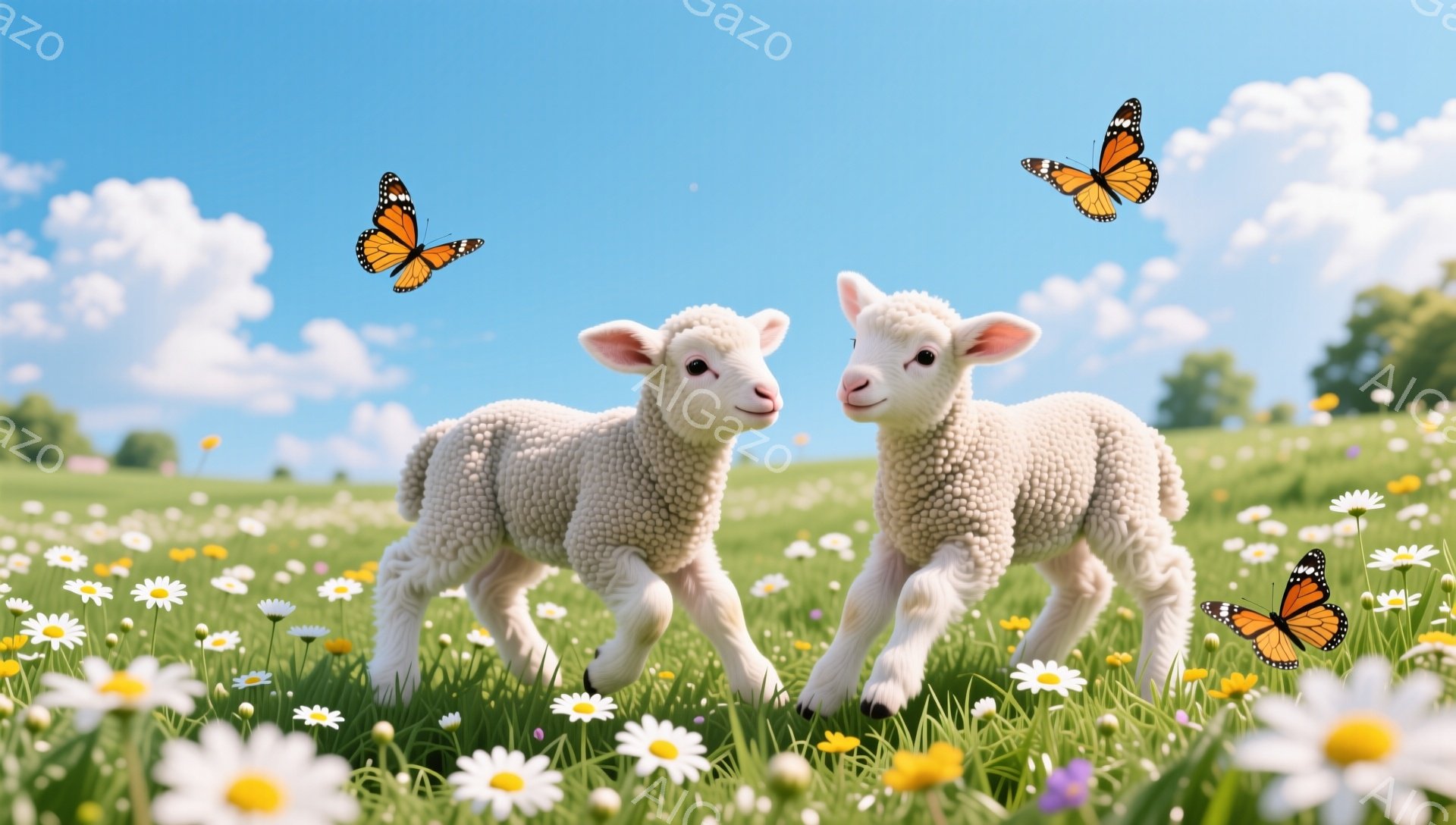 柔らかい毛並みの2匹の子羊が、白いデイジーの花が咲き乱れる緑の草原の中を歩いている。頭上にはオレンジ色の蝶が舞い、穏やかで平和な春の雰囲気を演出している。空は晴れ、白い雲が浮かび、のどかな風景が広がっている。