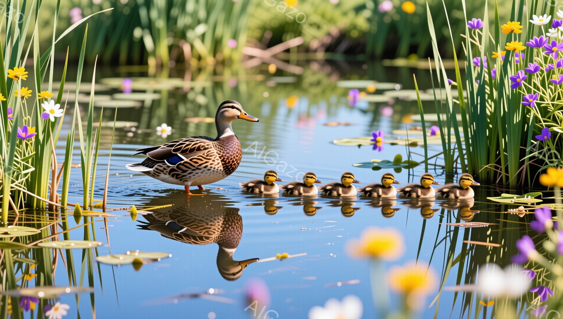 アヒルの母親が子アヒルたちを連れて水面を優雅に進んでいる。水面にはアヒルの姿が映り込み、周囲には色とりどりの花々が咲き乱れ、穏やかで平和な雰囲気が漂っている。水辺の植物が緑豊かで、生命力にあふれた光景 - AI生成フリー素材