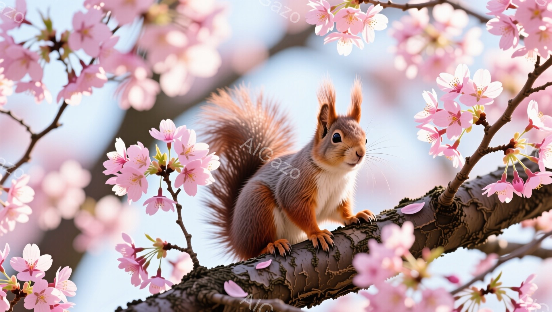 桜の枝にとまるリスが写っています。ふわふわの毛並みと、つぶらな瞳が愛らしいです。背景には淡いピンク色の桜の花が咲き乱れ、春の穏やかな雰囲気を醸し出しています。