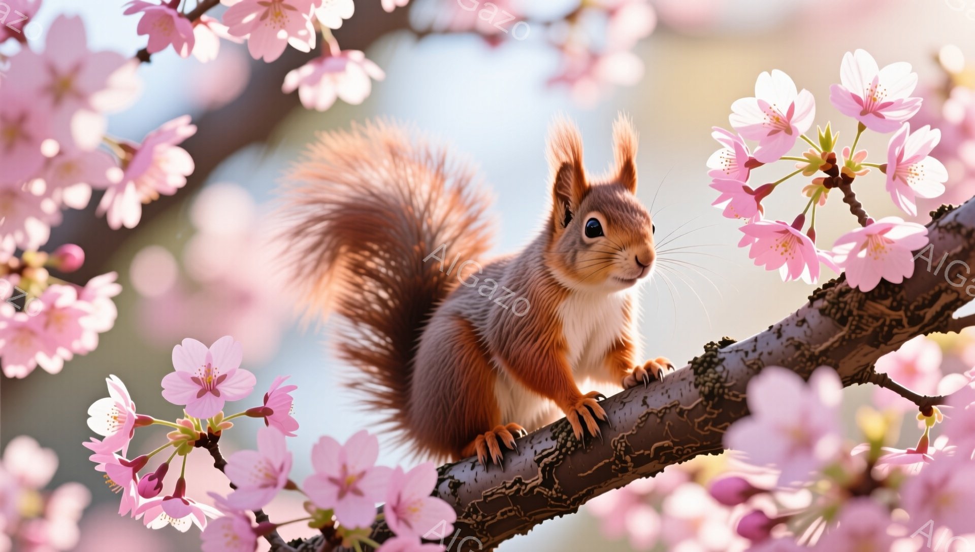 リスが桜の枝にとまってこちらを見ています。毛並みは鮮やかな赤茶色で、ふさふさとした尻尾が特徴的です。背景には淡いピンク色の桜の花が咲き乱れ、春の暖かく穏やかな雰囲気が漂っています。