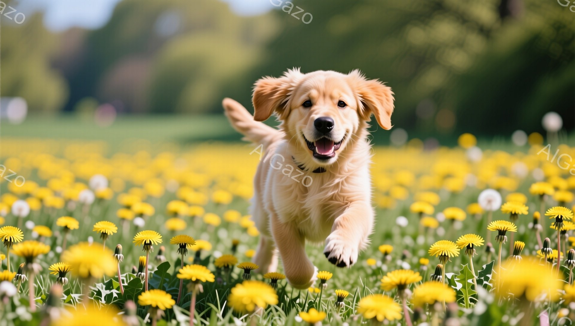 広大なタンポポ畑をゴールデンレトリバーの子犬が元気に駆け抜けている。子犬は口を開けて嬉しそうに笑い、太陽の光を浴びて毛並みは金色に輝いている。背景には緑豊かな草地が広がり、春の暖かい雰囲気が感じられる。