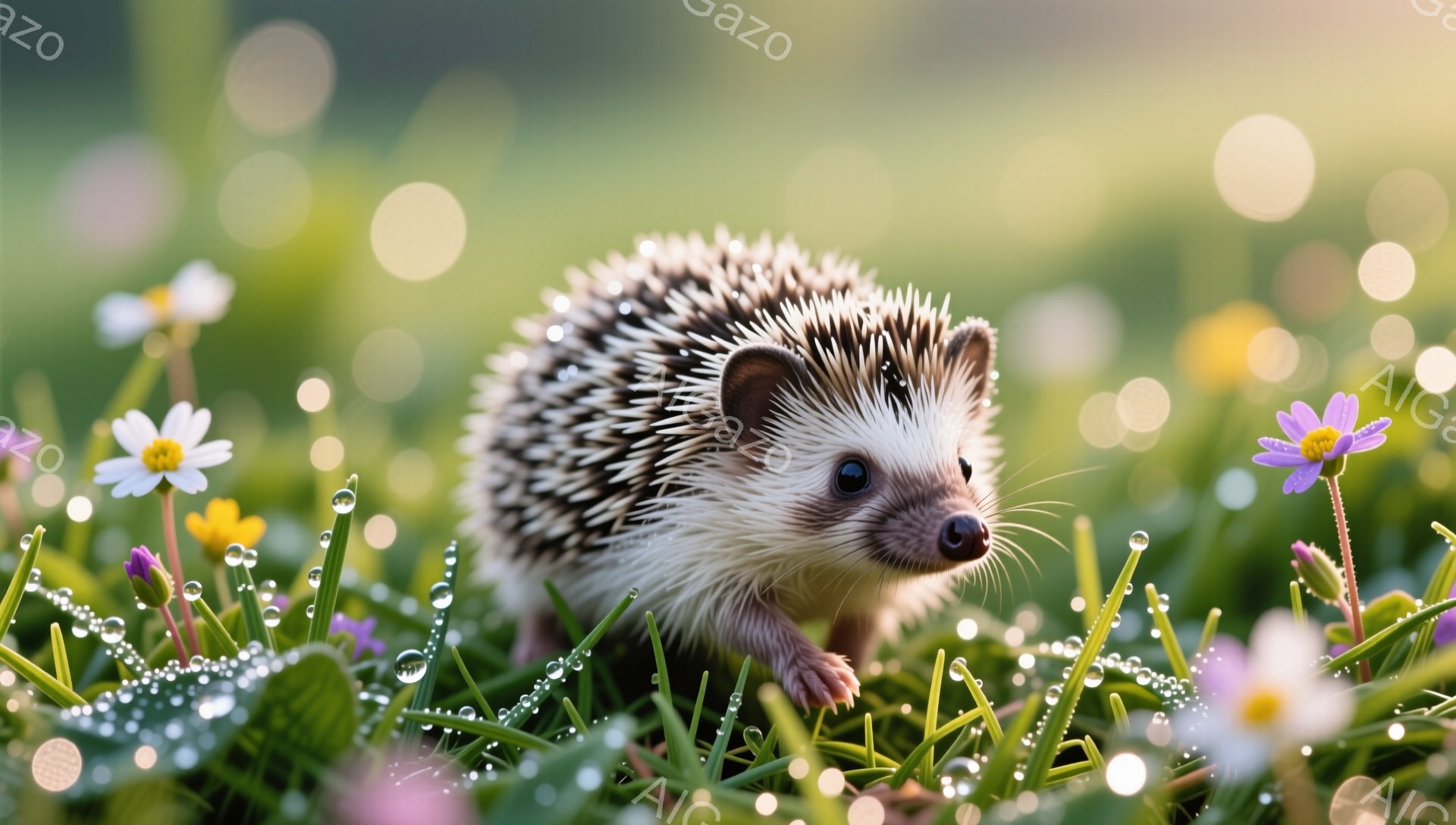 鮮やかな緑の草むらの中で、小さなハリネズミが可愛らしく歩いています。朝露に濡れた草や花々がキラキラと輝き、穏やかで優しい雰囲気を醸し出しています。ハリネズミは小さな目と鼻で、好奇心いっぱいの表情をして - AI生成フリー素材