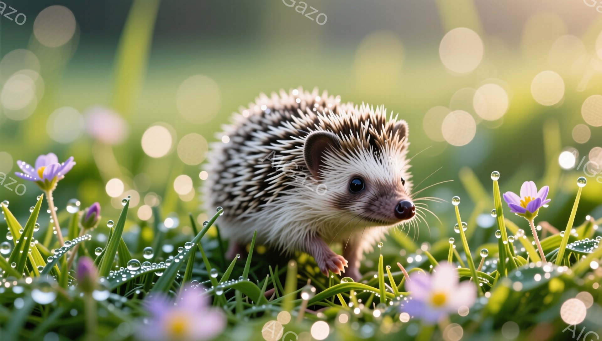 緑の草むらと紫色の花の間を、可愛らしいハリネズミが歩いています。朝露が葉や花びらに付いており、光が差し込んで幻想的な雰囲気を作り出しています。ハリネズミは好奇心旺盛な表情で、何かを見つけようとしているようです。