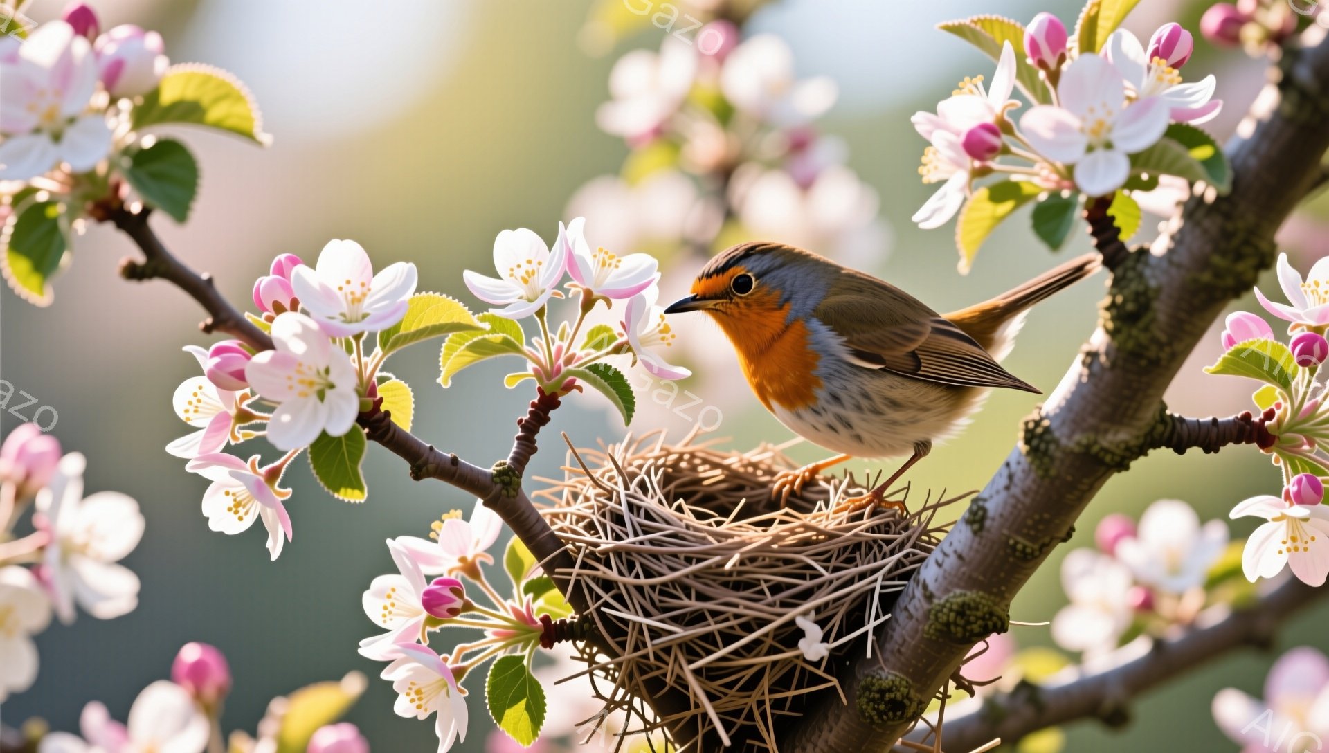 桜の木の枝に巣を作る鳥が描かれています。鳥は胸が赤く、春の暖かさを感じさせる鮮やかな姿をしています。背景には、ぼやけたピンク色の桜の花が咲き誇り、穏やかな雰囲気を醸し出しています。