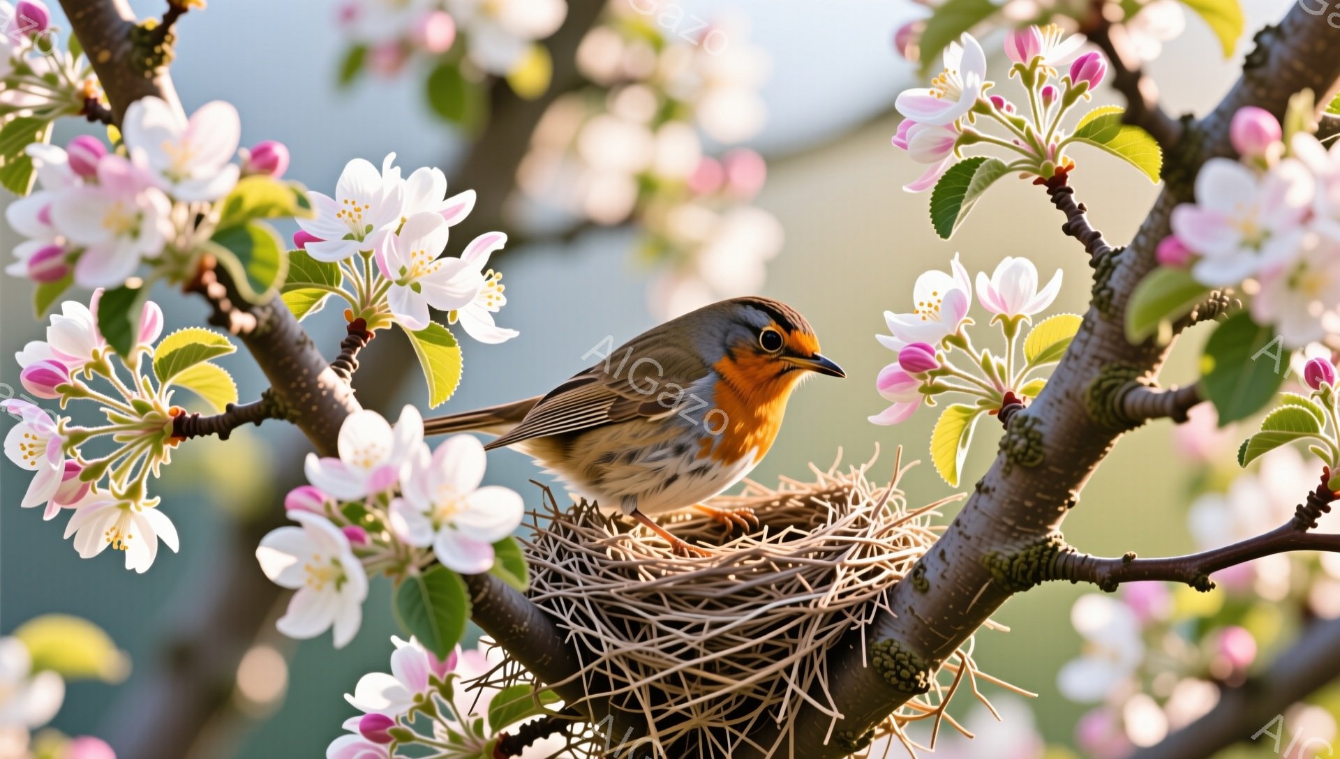 桜の木の枝に鳥の巣があり、その中に赤い胸を持つ鳥が座っています。背景には柔らかい光が差し込み、春の穏やかな雰囲気が漂っています。桜の花びらが鳥の巣の周りを飾り、自然の美しさを強調しています。