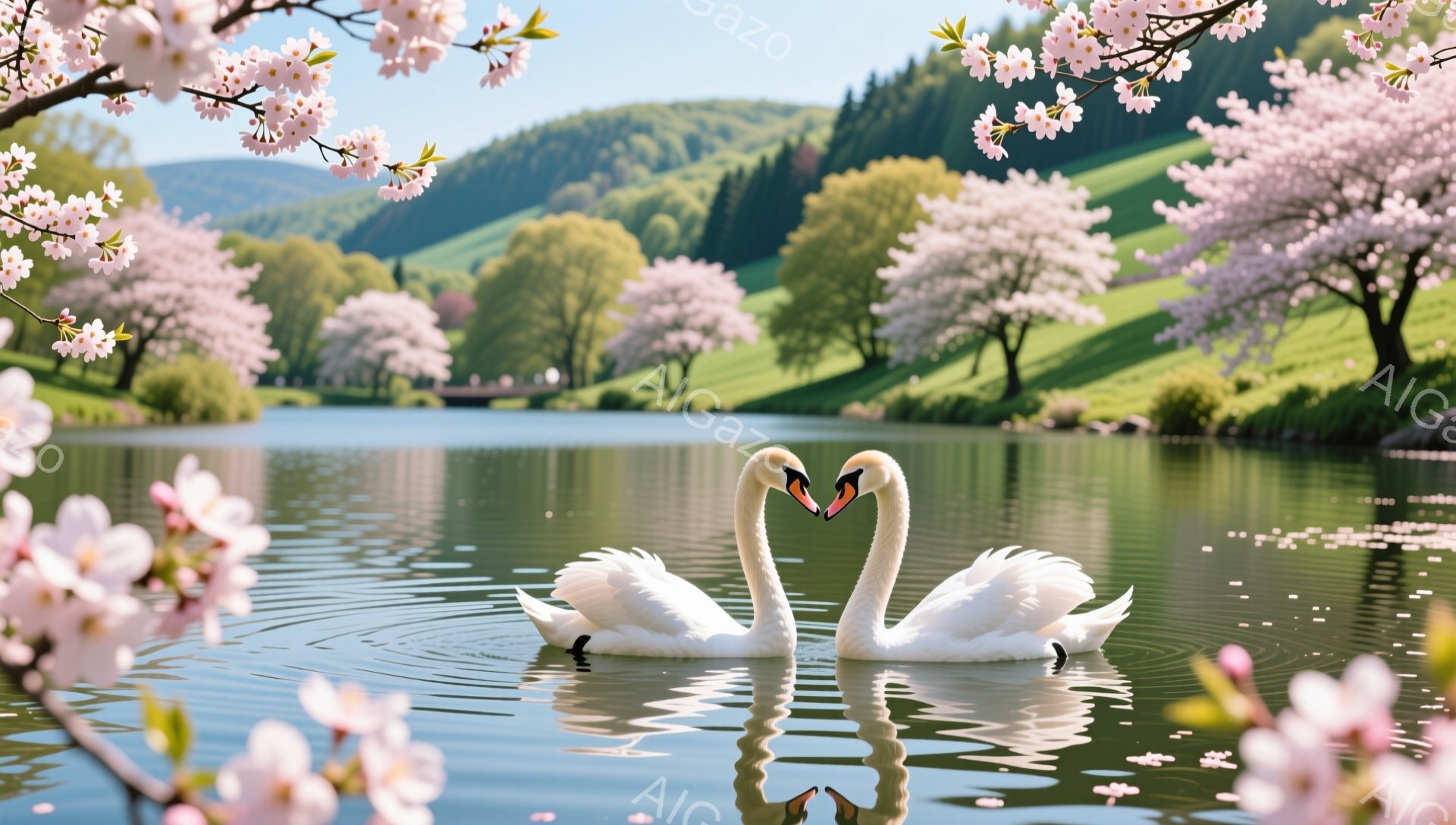 白鳥がハート型に寄り添い、穏やかな湖上を優雅に泳いでいる。背景には桜が咲き誇り、緑豊かな丘が広がり、春の暖かさと静けさが感じられる。水面には花びらが舞い、幻想的な雰囲気を醸し出している。