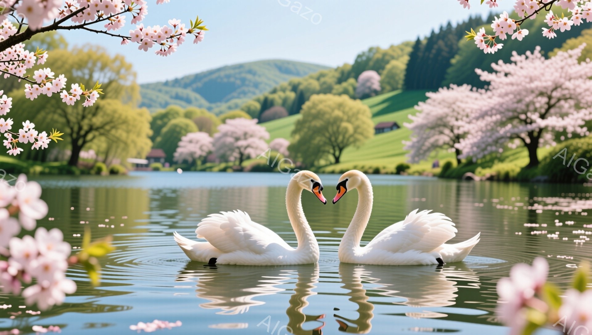 白鳥が寄り添い、ハート型の美しい姿を水面に映しています。背景には緑豊かな風景が広がり、桜の花びらが舞い散る春の穏やかな雰囲気が漂っています。水面は静かで、反射が美しく、平和な光景です。