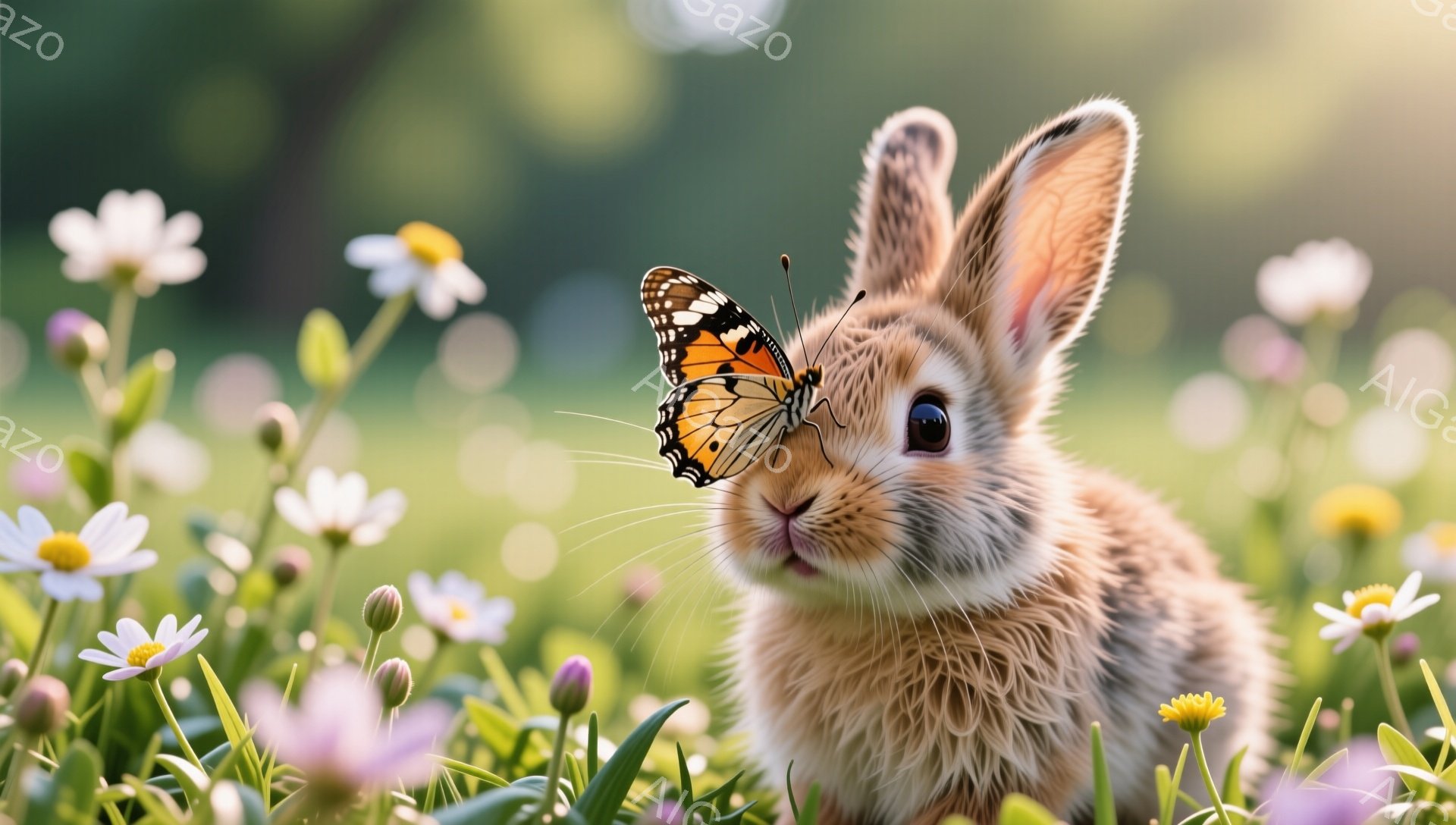 可愛い子ウサギが花畑の中で蝶と向き合っています。ウサギは茶色い毛並みで、大きな耳を立ててこちらを見ています。背景は緑の草と様々な色の花で、柔らかい光が差し込んで春らしい暖かな雰囲気です。