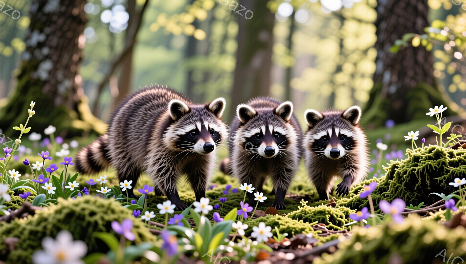緑豊かな森の中で、３匹のアライグマが花畑の中に立っています。彼らは正面を見据え、可愛らしい表情で、まるで何かを期待しているかのようです。背景はぼやけており、自然の温かさと穏やかな雰囲気が伝わってきます - AI生成フリー素材