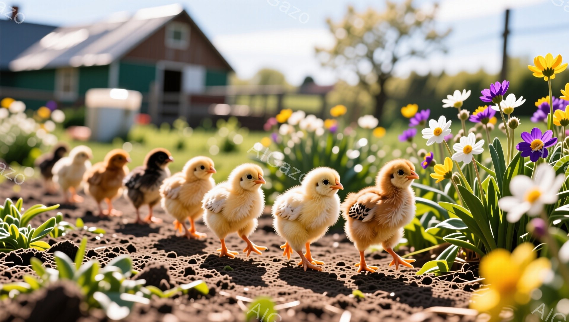 春の庭で、可愛らしいヒヨコたちが一列になって歩いています。ヒヨコたちは黄色い体と小さな足で、花壇の中を元気に進んでいます。背景には、緑の草花と白い家が見え、暖かい春の雰囲気が漂っています。