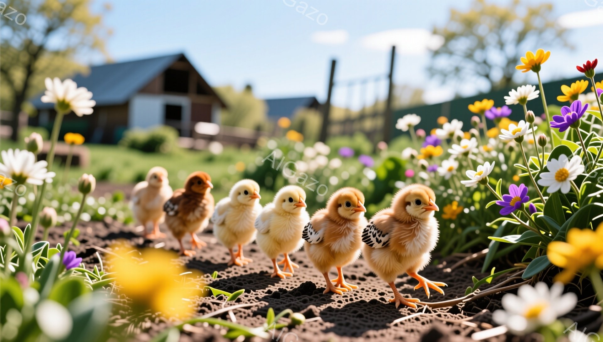 土の中に小さなヒヨコたちが一列になって歩いている。周りには色とりどりの花が咲き乱れ、背景には農家のような建物が見える。春らしい暖かく穏やかな雰囲気の画像だ。