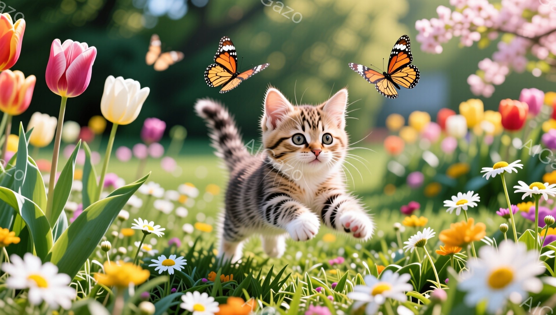 花畑の中で、子猫が遊びながら駆け回っている様子が描かれています。周囲には色とりどりの花が咲き乱れ、蝶が舞っている、春らしい温かい雰囲気です。子猫は好奇心旺盛な表情で、明るい日差しの中で楽しんでいます。 - AI生成フリー素材
