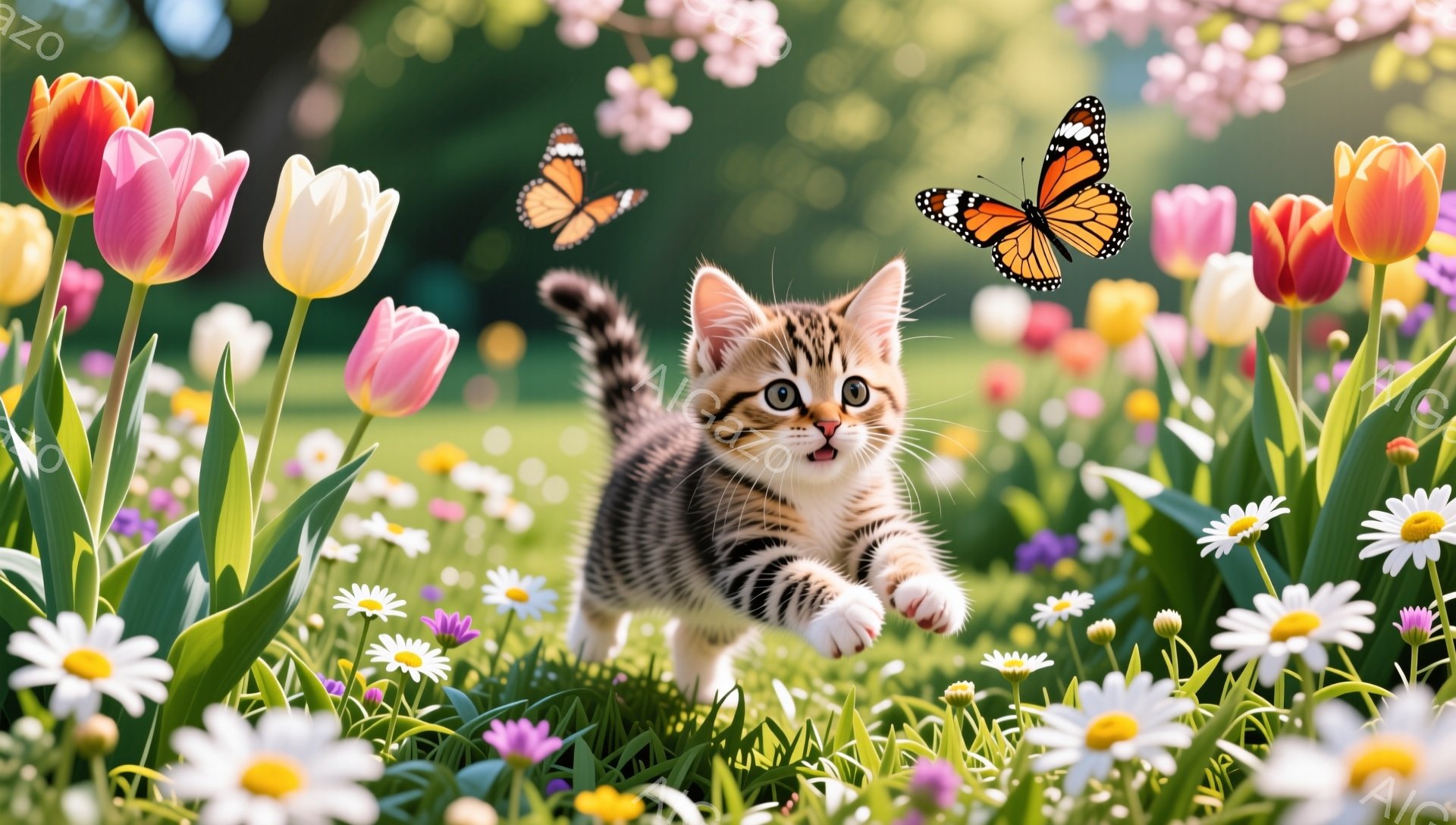 緑豊かな草花に囲まれた、縞模様の小さな子猫が蝶を追いかけて遊んでいます。子猫は活発で、楽しそうに走り回っており、背景には色とりどりの花が咲き乱れ、春の暖かさがあふれています。蝶は鮮やかなオレンジ色と黒色の模様で、子猫の遊び心をさらに引き立てています。