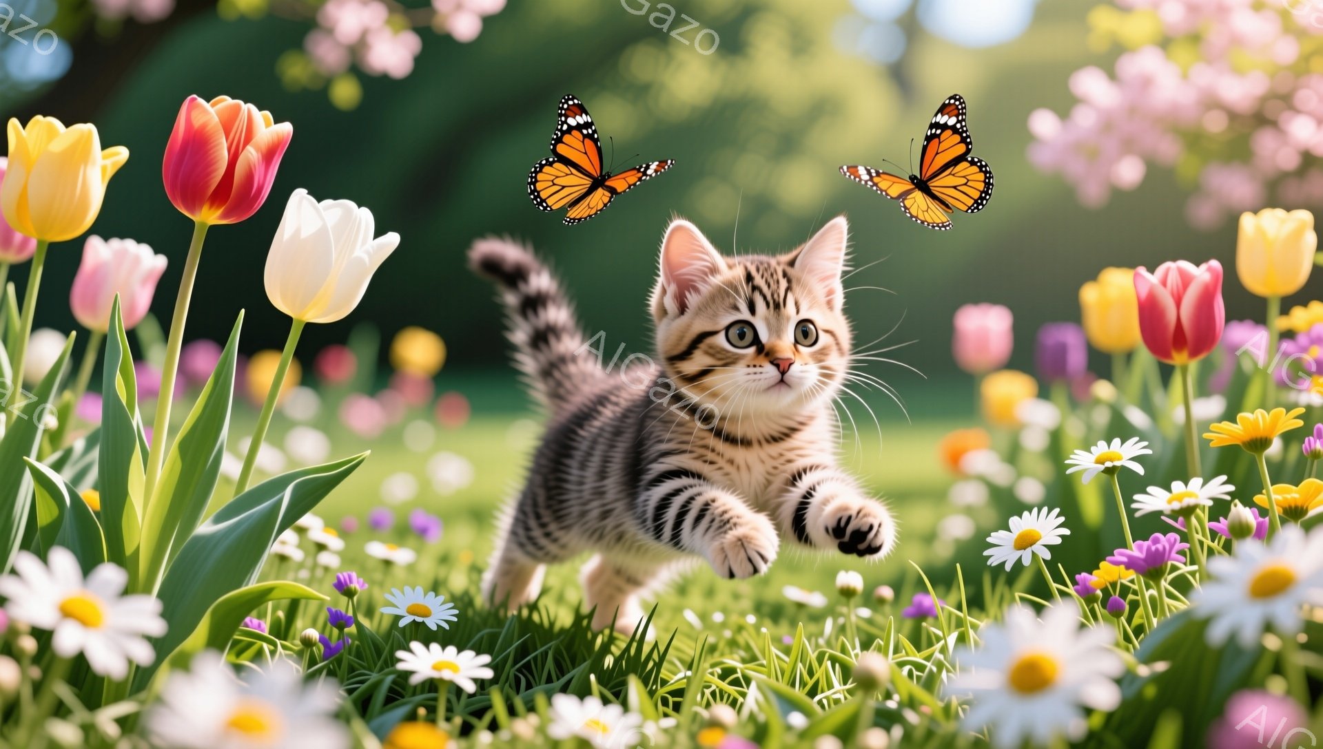 緑豊かな草原で、縞模様の小さな子猫が元気に駆け回っている。周りには色とりどりのチューリップやデイジーが咲き誇り、空には鮮やかな蝶が舞っている。暖かく穏やかな春の日の雰囲気が伝わってくる。 - AI生成フリー素材