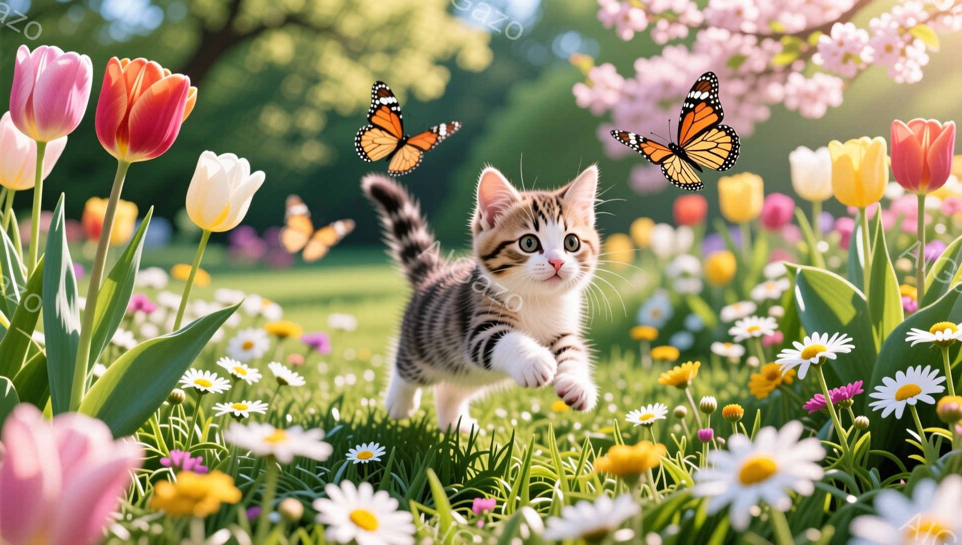 緑豊かな草地に縞模様の小さな子猫が駆け抜けている。色とりどりの花々が咲き乱れ、背景には桜の木がぼやけて見える。春の暖かく穏やかな雰囲気が漂う、可愛らしい光景だ。 - AI生成フリー素材