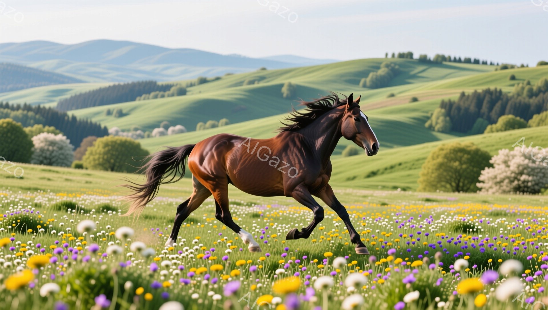 栗色の馬が、花盛りの緑の草原を疾走している。背景には穏やかな丘陵が広がり、春の暖かな日差しが降り注いでいる。馬のたてがみと尾は風になびき、躍動感に満ちた光景である。
