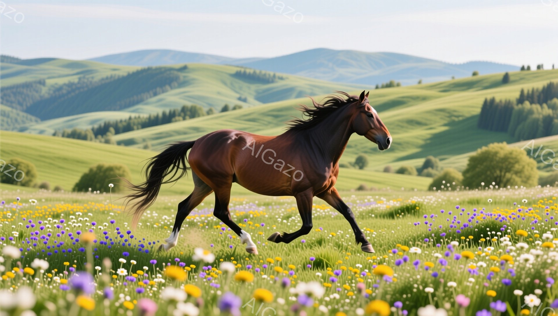 広大な草原を茶色の馬が力強く駆け抜けている。鮮やかな野花が咲き乱れる草原と、遠くに見える緑の丘が美しい風景を作り出している。馬のたてがみと尾が風になびき、自由と躍動感が感じられる。