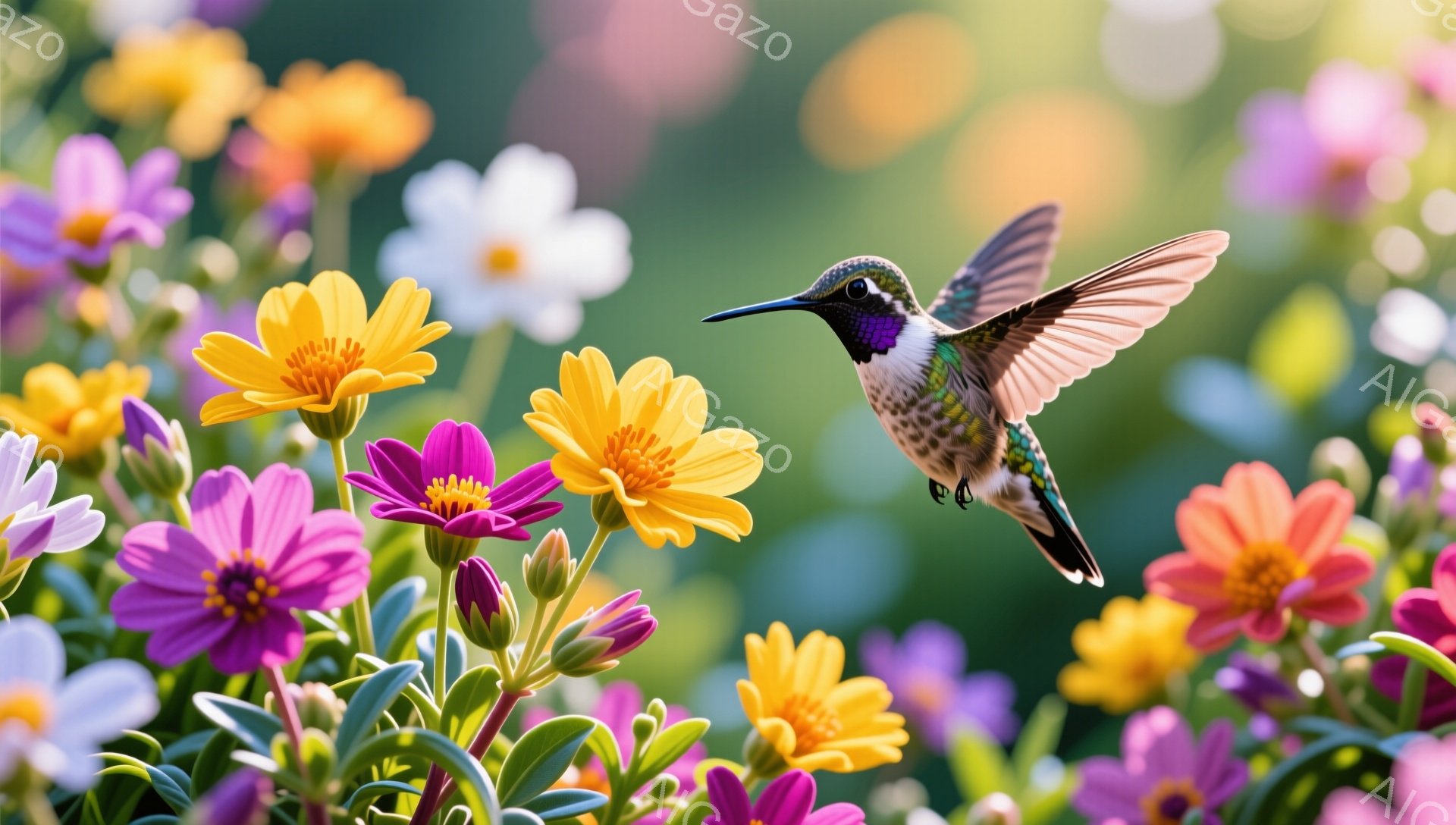 色とりどりの花々が咲き乱れる中で、ハチドリが蜜を求めて飛び回っている。羽を高速で羽ばたかせ、まるで宝石のような美しい姿が印象的だ。鮮やかな色彩とぼやけた背景が、自然の躍動感と静けさを表現している。