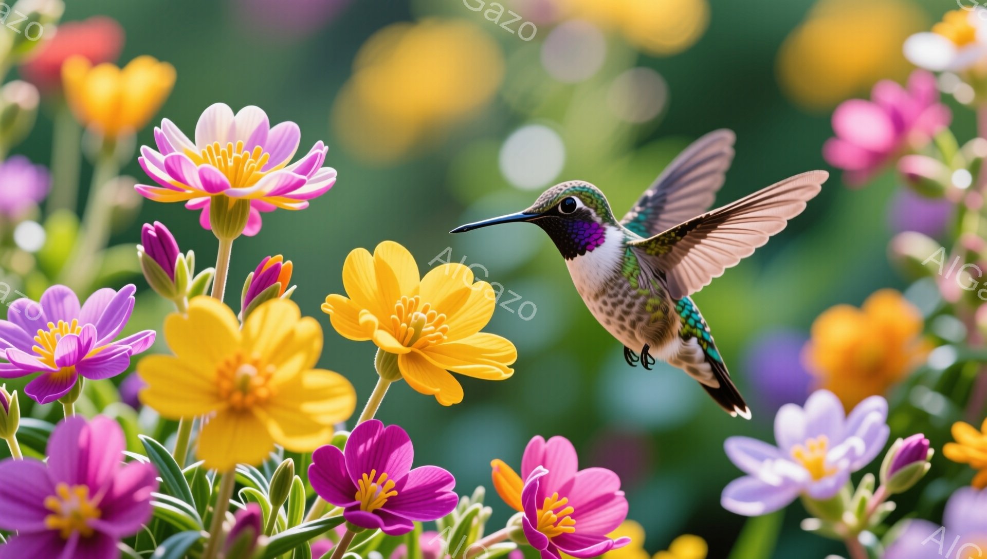 色とりどりの花々の中に、緑と紫色のハチドリが花の蜜を吸おうと飛び込んでいる。背景はぼやけた緑で、花々とハチドリが際立っている。春の暖かい日差しの中で、自然の美しさが感じられる静かで穏やかな瞬間だ。