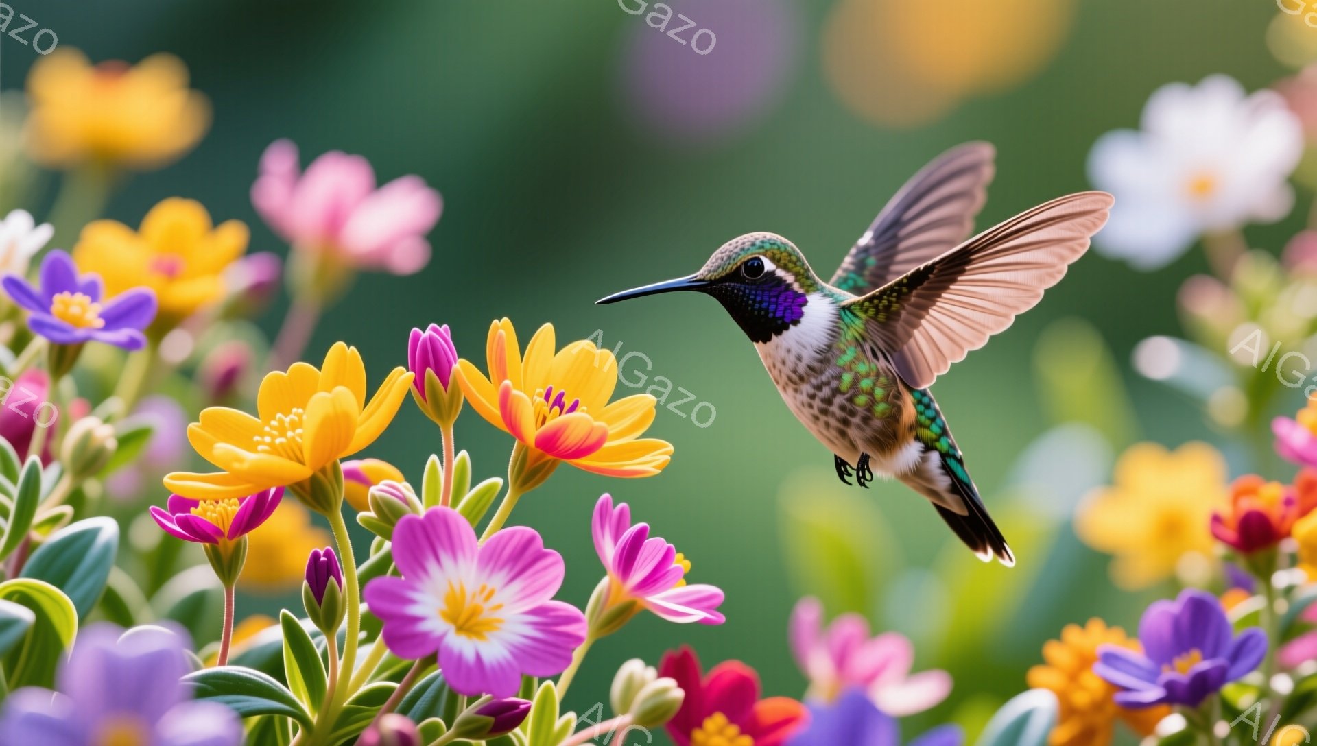 色とりどりの花々の中を、鮮やかな緑色のハチドリが舞っている。翼はぼやけて動きが表現され、まるで花の中から飛び出したかのようだ。背景は柔らかい緑で、春の穏やかな雰囲気を醸し出している。