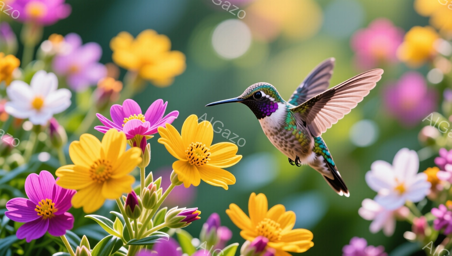 明るい緑の背景に、鮮やかなピンクと黄色の花々が咲き乱れ、その中で一羽のハチドリが花の蜜を吸っています。ハチドリの羽はぼやけており、まさに飛び立つ瞬間を捉えた、躍動感あふれる姿です。柔らかい光が全体を包み、自然の美しさを際立たせています。