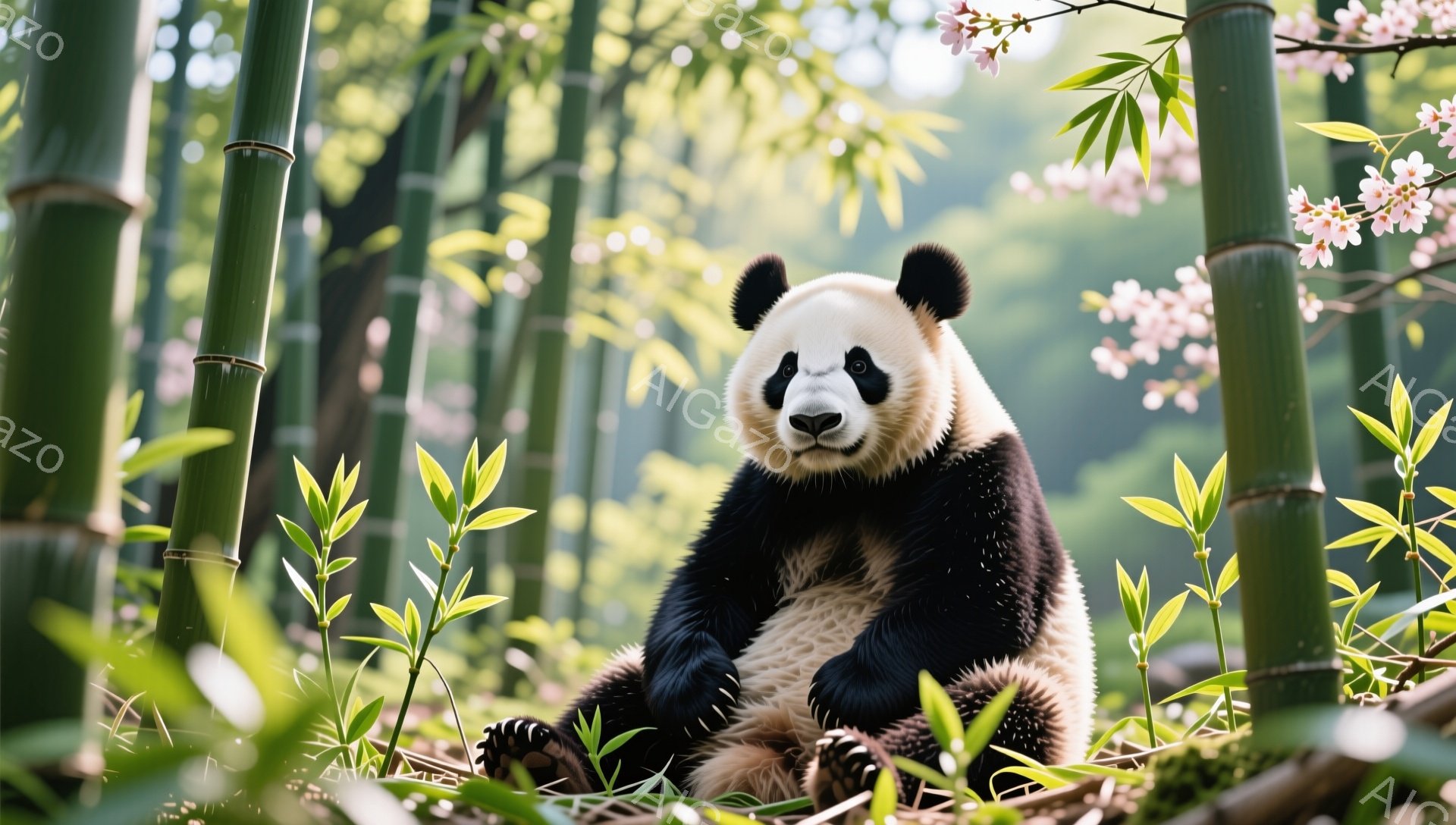 パンダは緑豊かな竹林の中に座って、穏やかな表情でカメラを見つめています。周囲には春らしい桜の花が咲き乱れ、柔らかな光が差し込んでいます。リラックスした雰囲気の中で、自然と調和した可愛らしい姿が印象的です。