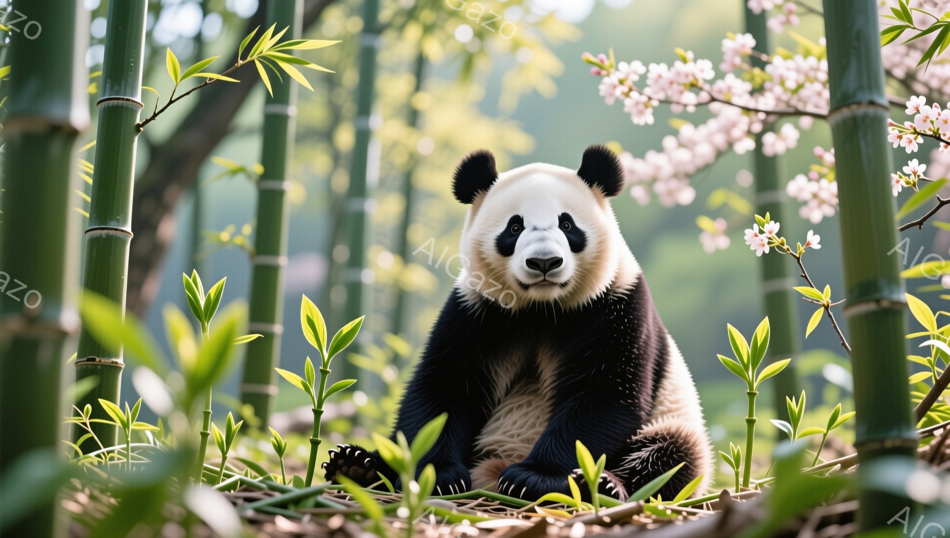 パンダが緑豊かな竹林の中に座っています。穏やかな表情で正面を見つめ、可愛らしい姿が印象的です。背景には薄いピンク色の花が咲き乱れ、春の暖かい雰囲気を醸し出しています。