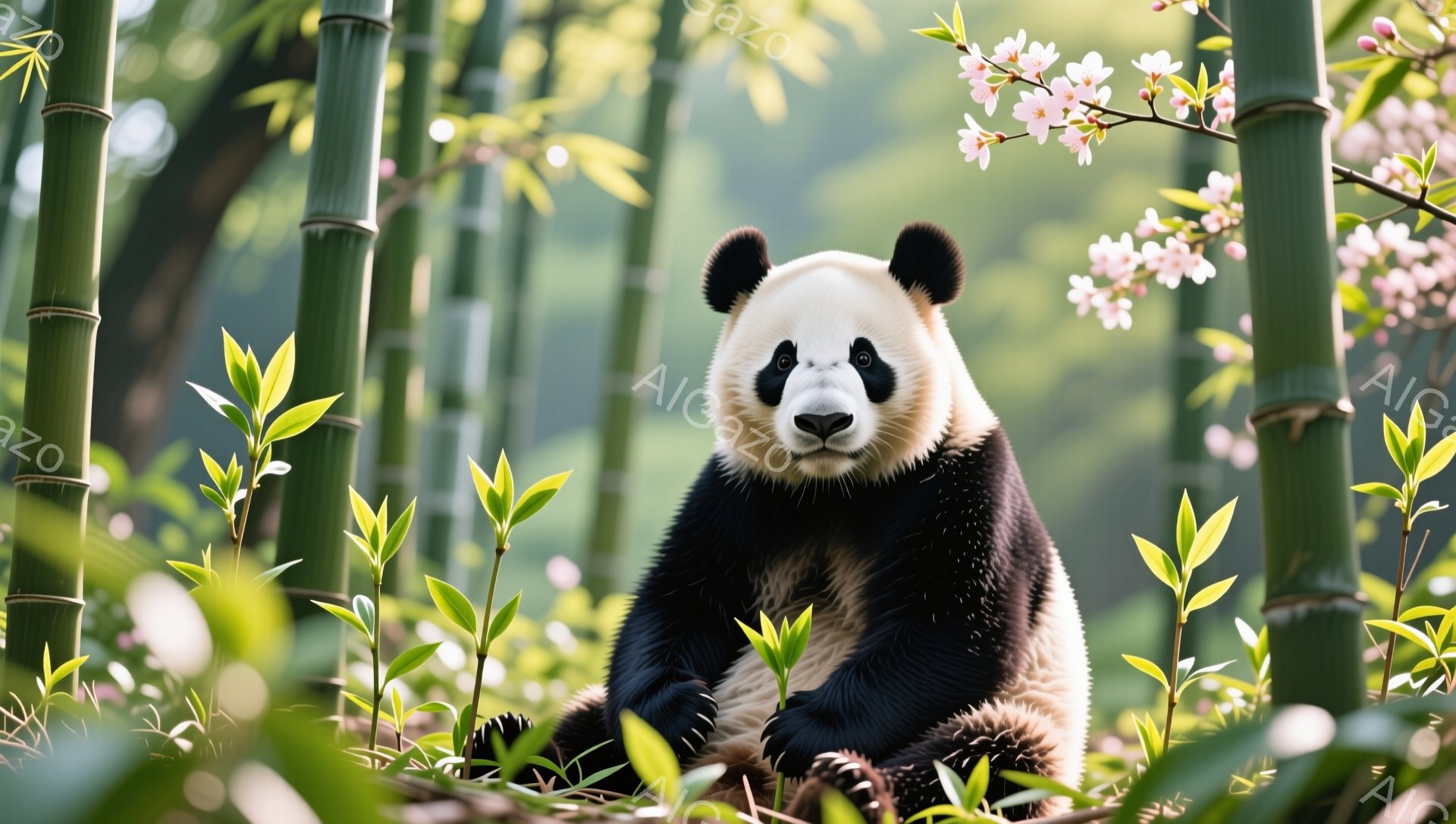 パンダが緑豊かな竹林の中に座っている。毛並みがはっきりと見え、少し穏やかな表情をしている。背景にはピンク色の花が咲き、春の暖かさを感じさせる。
