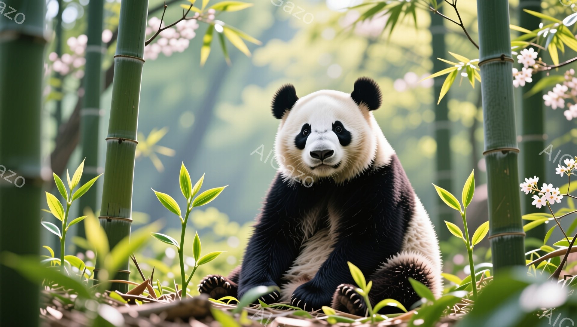 茂った竹林の中で、パンダがリラックスして座っている。緑の葉と白い花がパンダの周りを飾り、穏やかで平和な雰囲気を醸し出している。パンダは正面を見ていて、丸い顔と特徴的な模様が強調されている。