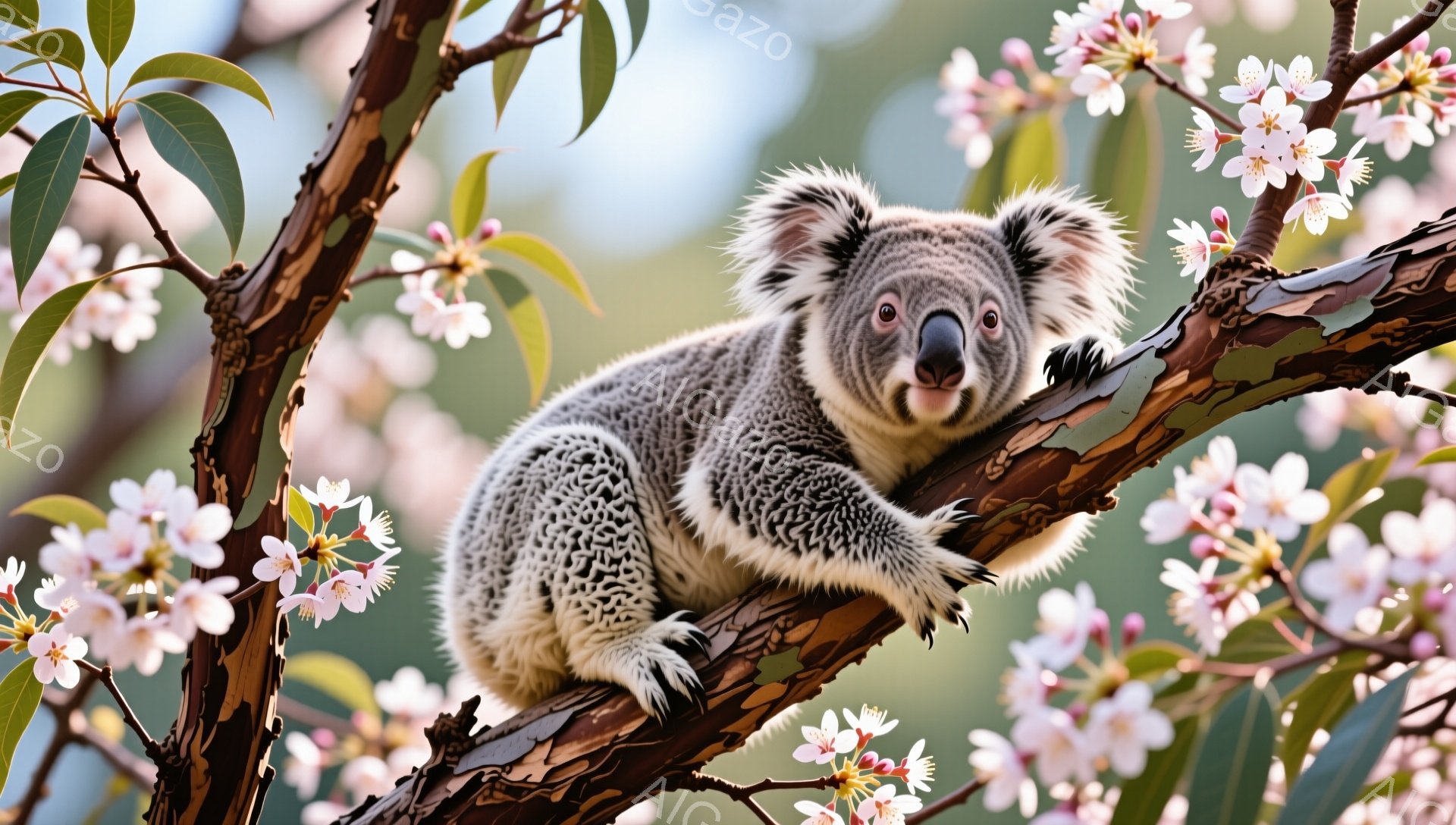 コアラが木の枝にしがみついています。ピンク色の花が咲き乱れ、春の穏やかな雰囲気を演出しています。コアラはリラックスした表情で、まるで木と花の中でくつろいでいるようです。 - AI生成フリー素材