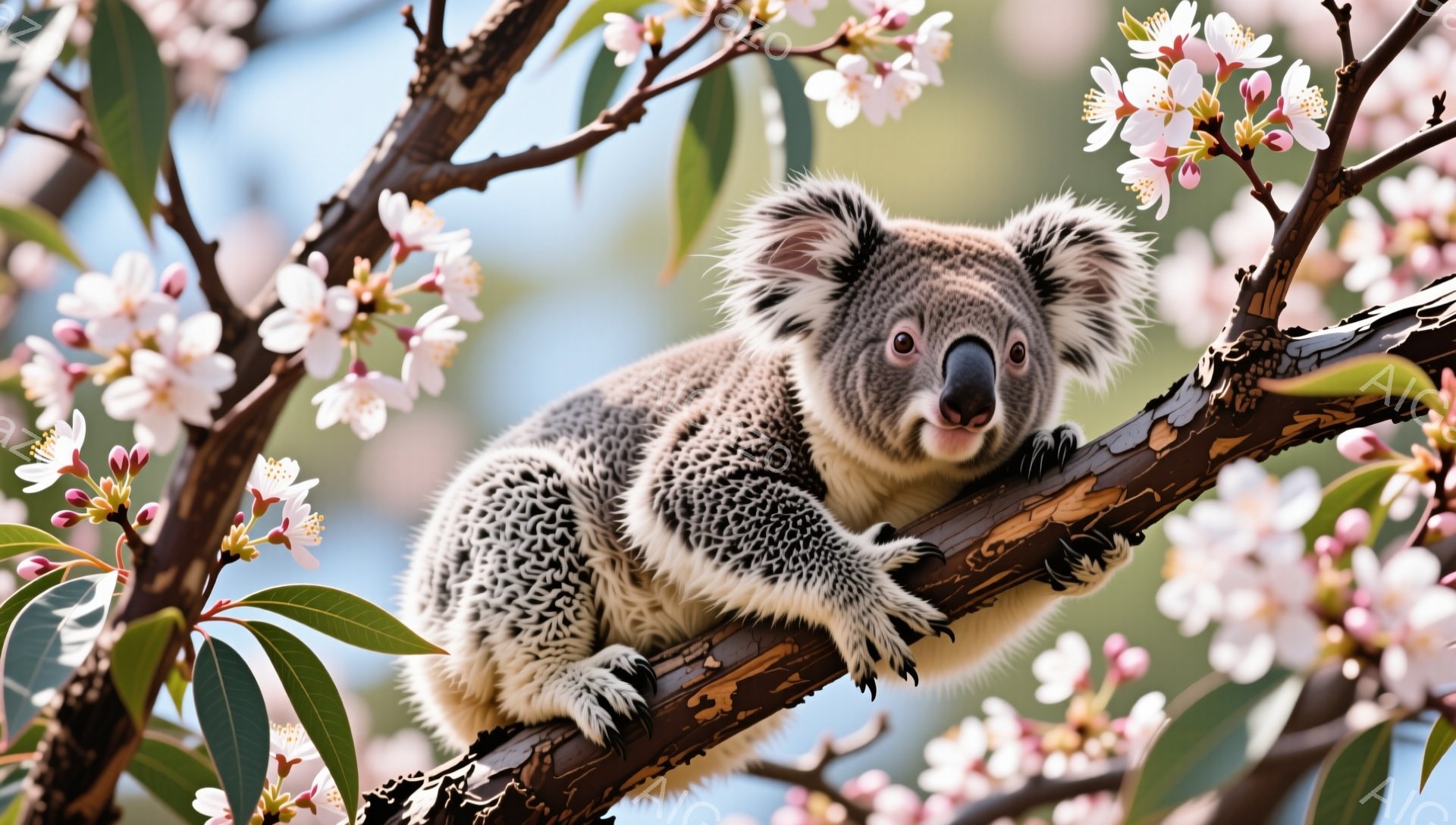 コアラが枝にとまってこちらを見ています。周りにはピンク色の花が咲き乱れ、春の暖かさと穏やかな雰囲気が伝わってきます。毛並みがよく見え、愛らしい表情をしています。