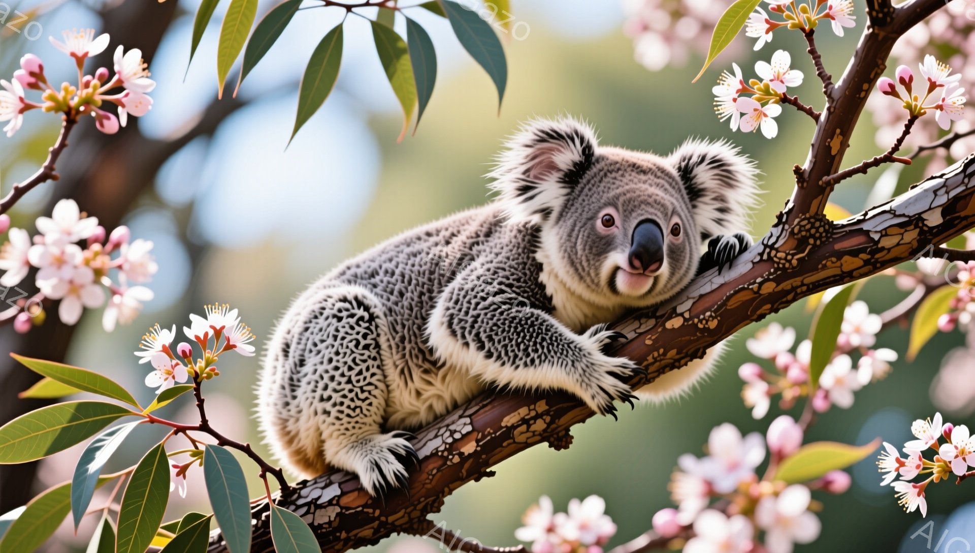 コアラが桜の枝にゆったりと座っています。ふわふわの毛並みと優しい表情が特徴的で、背景には淡いピンク色の桜の花が咲き誇っています。穏やかで平和な雰囲気が漂う、春らしい可愛らしい光景です。
