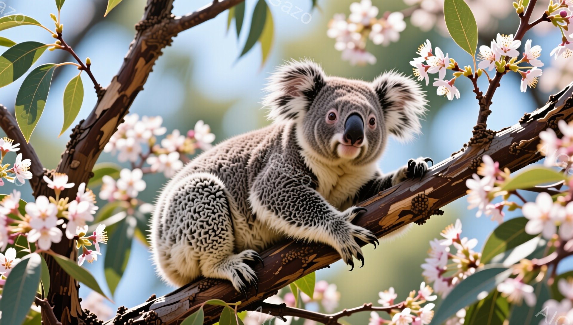 ユーカリの木に抱きついているコアラが写っています。毛並みはふさふさとしており、丸い耳と黒い鼻が特徴的です。背景には、ピンク色の花が咲き乱れ、穏やかな春の雰囲気を醸し出しています。