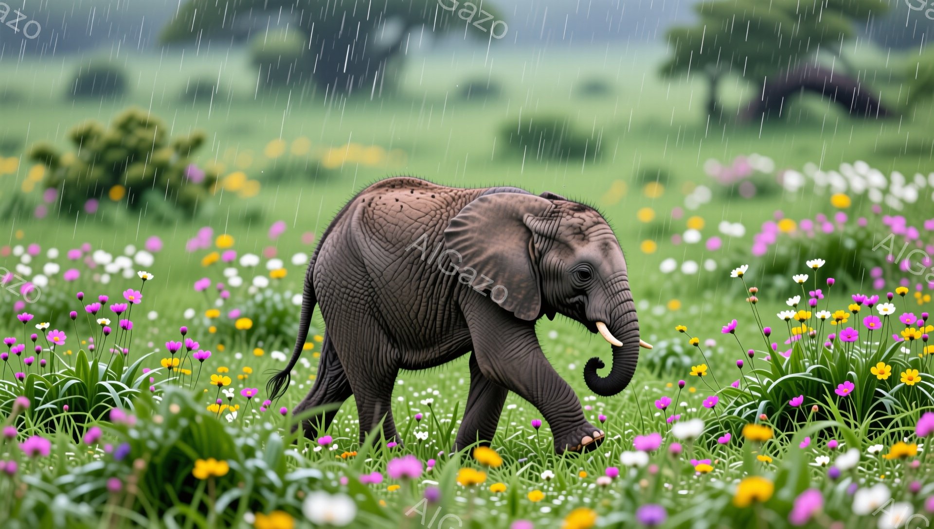 若いゾウが花畑の中を歩いている。雨が降り、背景には緑豊かな自然が広がり、全体的に穏やかで平和な雰囲気が漂っている。紫、黄色、白の花が鮮やかに咲き誇り、愛らしい光景を作り出している。