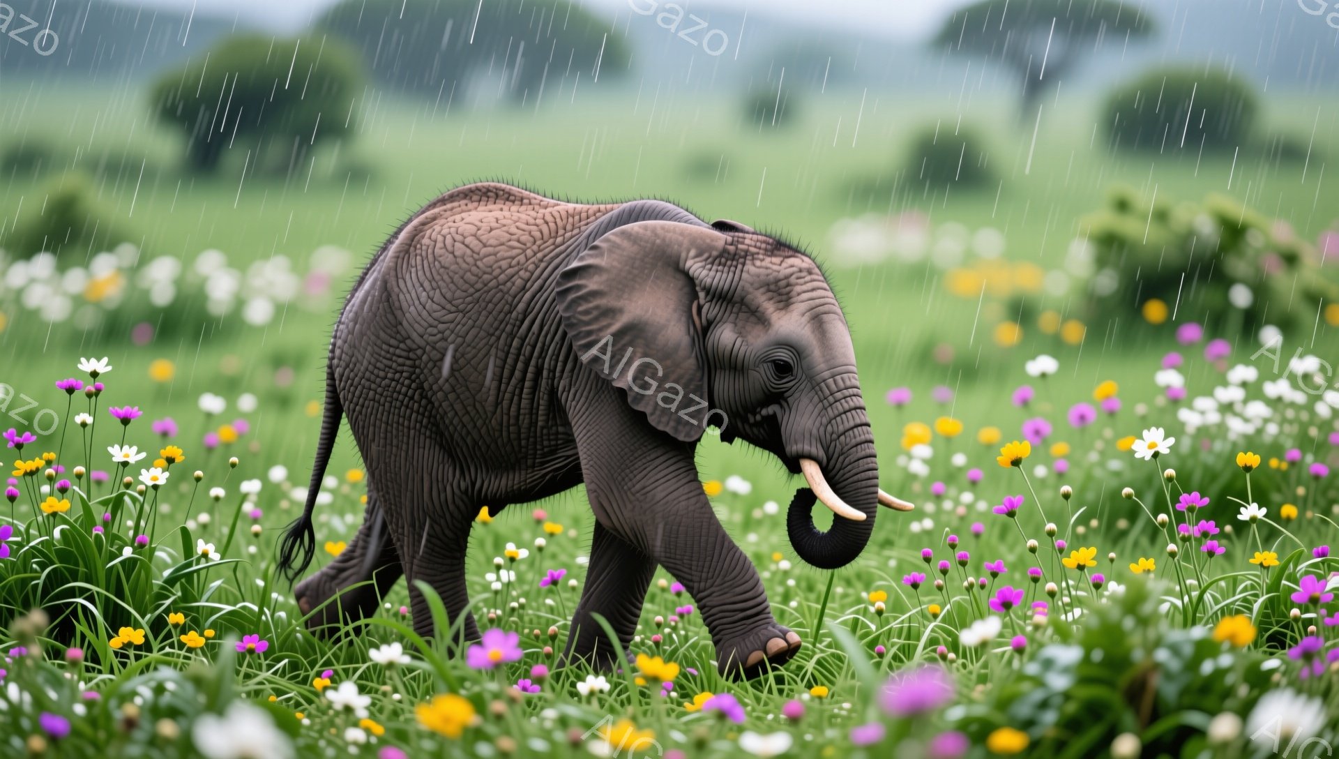 小さなゾウが、色とりどりの花が咲き乱れる草原を歩いている。雨が降り注ぎ、緑豊かな自然の中で、幼いゾウが力強く前進する様子が捉えられている。花畑と雨が織りなす幻想的な雰囲気は、生命力と希望に満ちている。