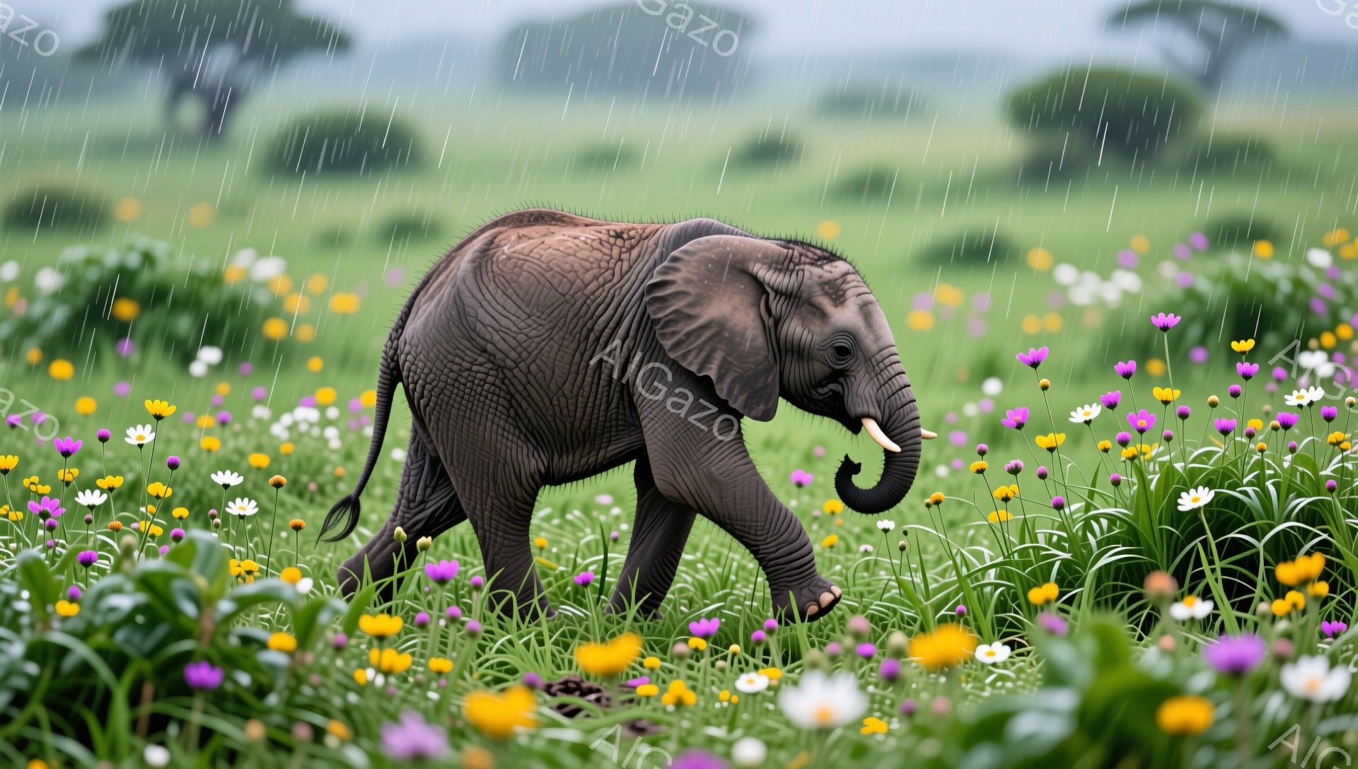 鮮やかな花畑を歩く小さなゾウが写っています。雨が降り、背景には緑豊かな木々が見えます。全体的に優しい雰囲気で、生命力に満ちたシーンです。