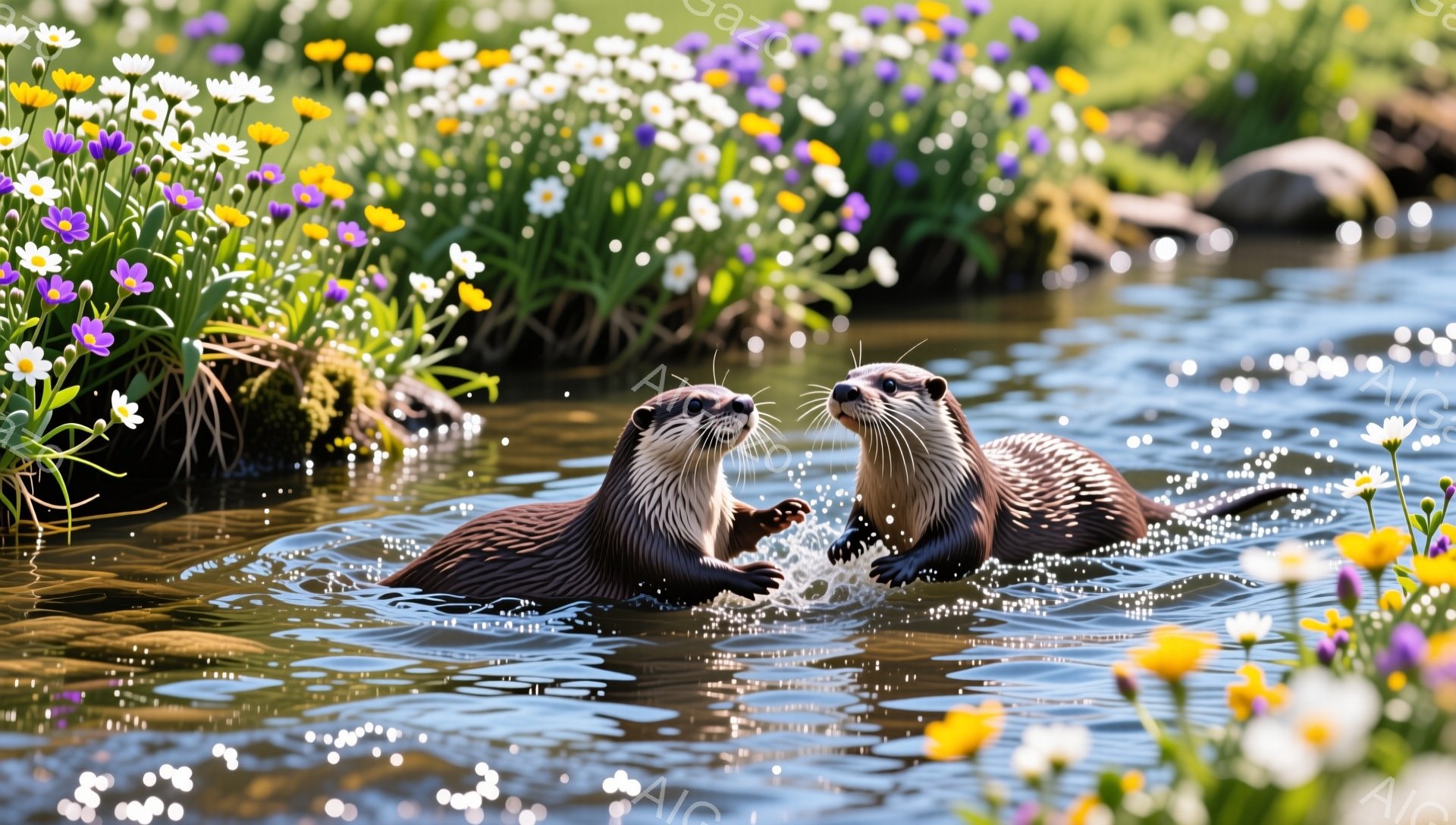 二匹のカワウソが水中で戯れている。周囲には鮮やかな紫、白、黄色の花々が咲き乱れ、水面は光を受けてキラキラと輝いている。春または夏の穏やかな一日を表現した、温かく幸せな雰囲気の画像だ。