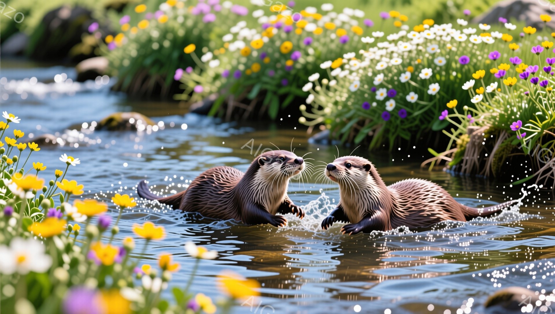 二頭のカワウソが水中で向き合い、楽しそうにじゃれ合っている。周囲には色とりどりの花が咲き乱れ、春の穏やかな雰囲気を醸し出している。水しぶきが光を反射し、生き生きとした様子が伝わってくる。