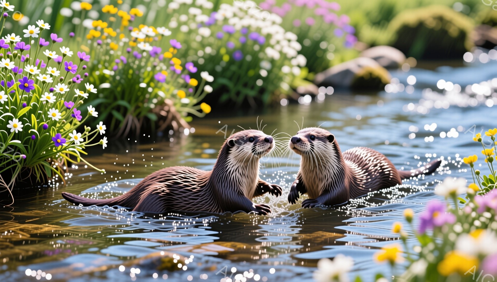 二匹のカワウソが水面で寄り添い合っている。周りには黄色や紫色の花が咲き乱れ、水面には光が反射してキラキラと輝いている。穏やかで平和な雰囲気の自然の風景だ。
