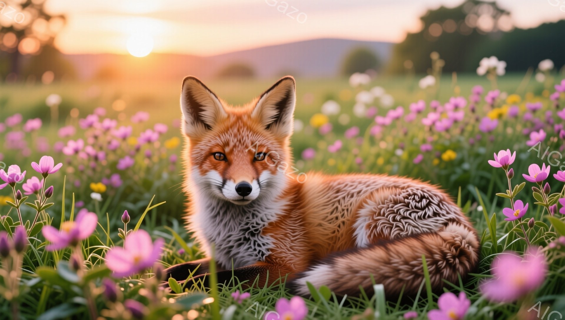燃えるような夕焼けを背景に、キツネが草原の花畑の中でくつろいでいる。その毛並みは鮮やかな赤色で、花々のピンク色とのコントラストが美しい。穏やかで平和な雰囲気を感じさせる、幻想的な光景だ。