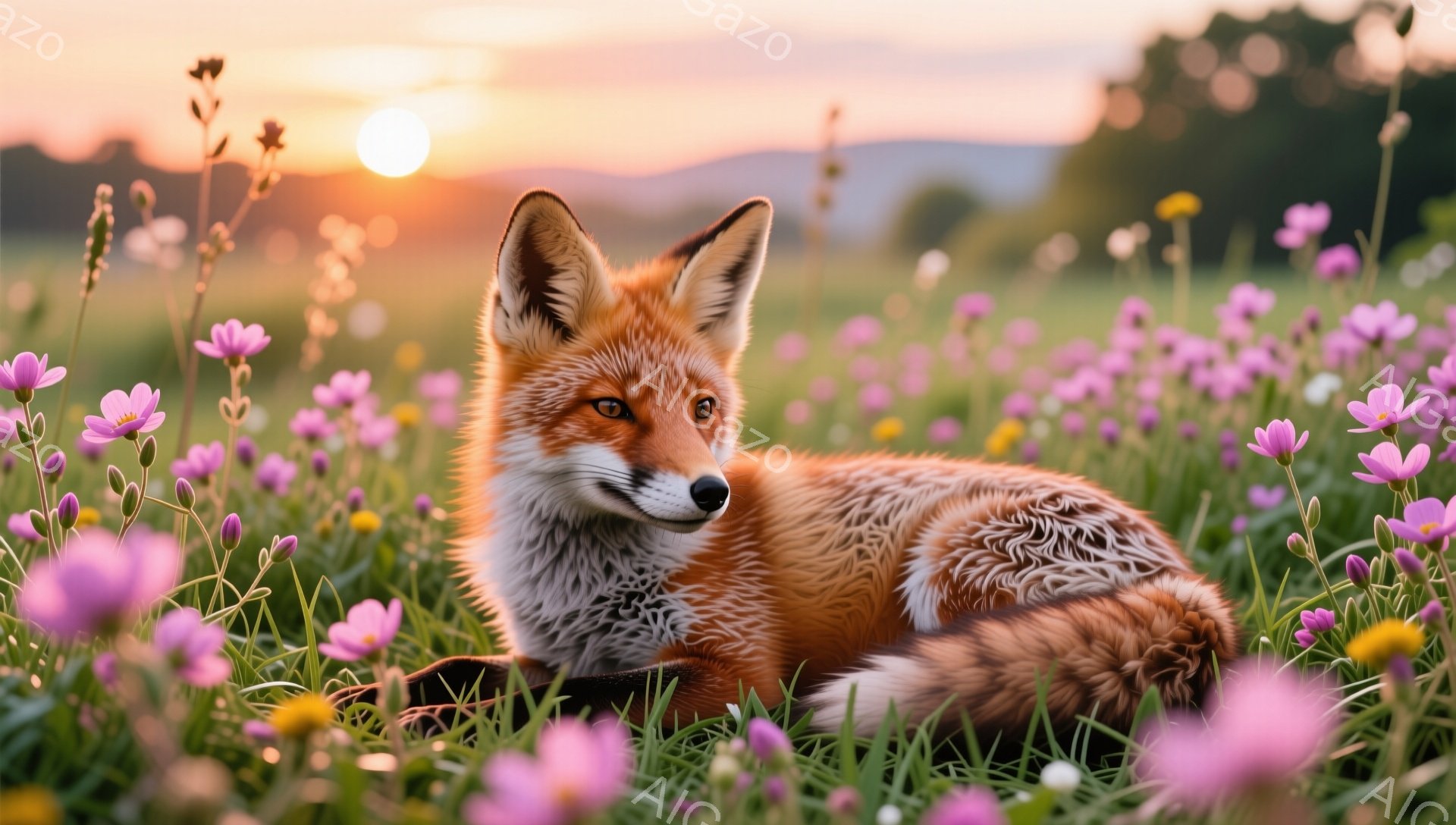 夕焼けに照らされた花畑で、キツネがリラックスして横たわっています。その毛並みは鮮やかなオレンジ色で、ピンクの花々とのコントラストが美しいです。穏やかで平和な雰囲気を感じさせます。