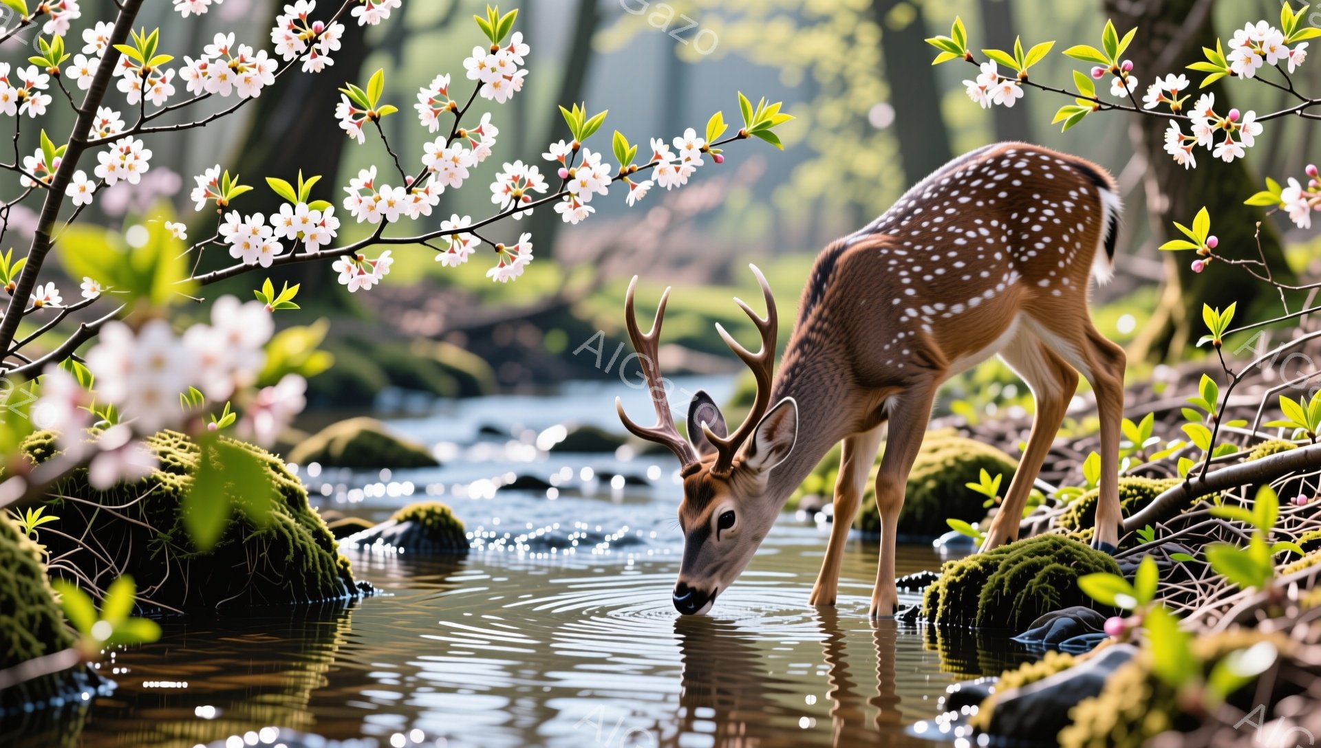 鹿が澄んだ川で水を飲んでいます。周囲にはピンク色の桜の花が咲き誇り、緑豊かな自然に囲まれています。穏やかな光が差し込み、春の訪れを感じさせる静かで美しい風景です。