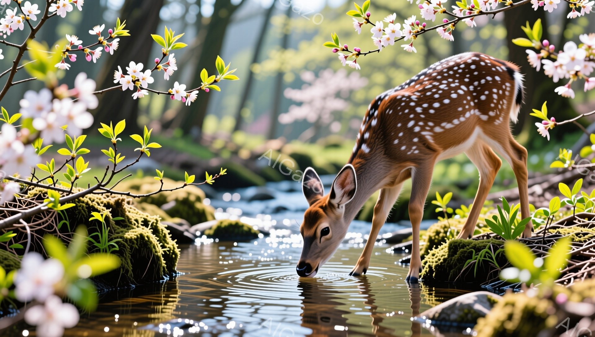 小さな鹿が清らかな水場で水を飲んでいる。周りには春の桜や緑が生い茂り、穏やかで優しい雰囲気だ。水面に反射する桜の花びらが、幻想的な光景を作り出している。