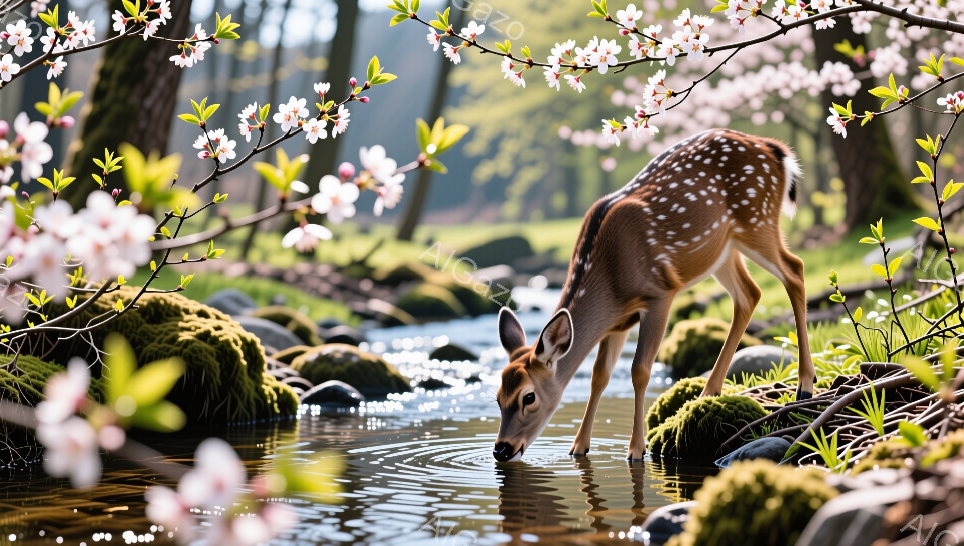 小鹿が澄んだ川で水を飲んでいる。周りには白い花が咲き乱れ、緑豊かな自然が広がっている。光が差し込み、穏やかで幻想的な雰囲気が漂っている。