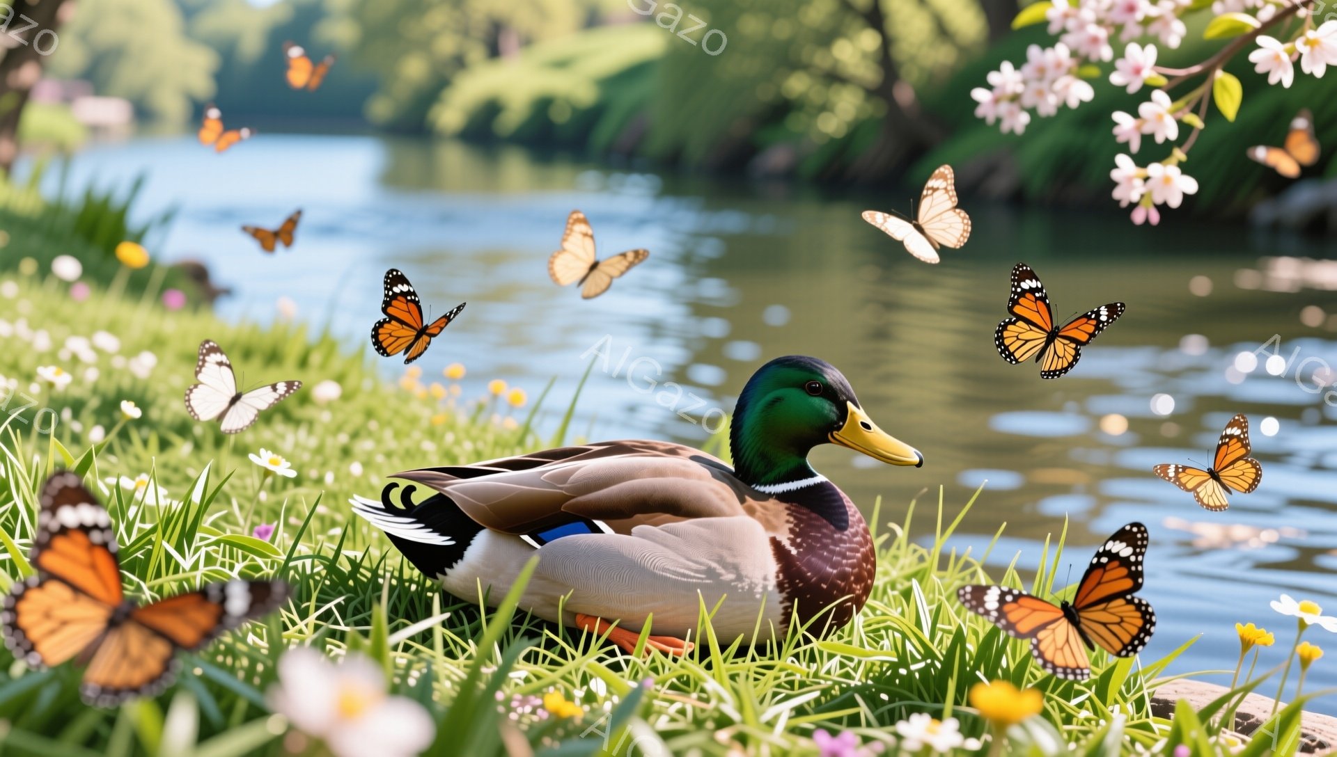 緑の草の上でアヒルがリラックスしています。周りには鮮やかなオレンジ色の蝶が舞い、春らしい穏やかな雰囲気です。背景には穏やかな水面と桜の木が見え、平和な自然の風景を描いています。
